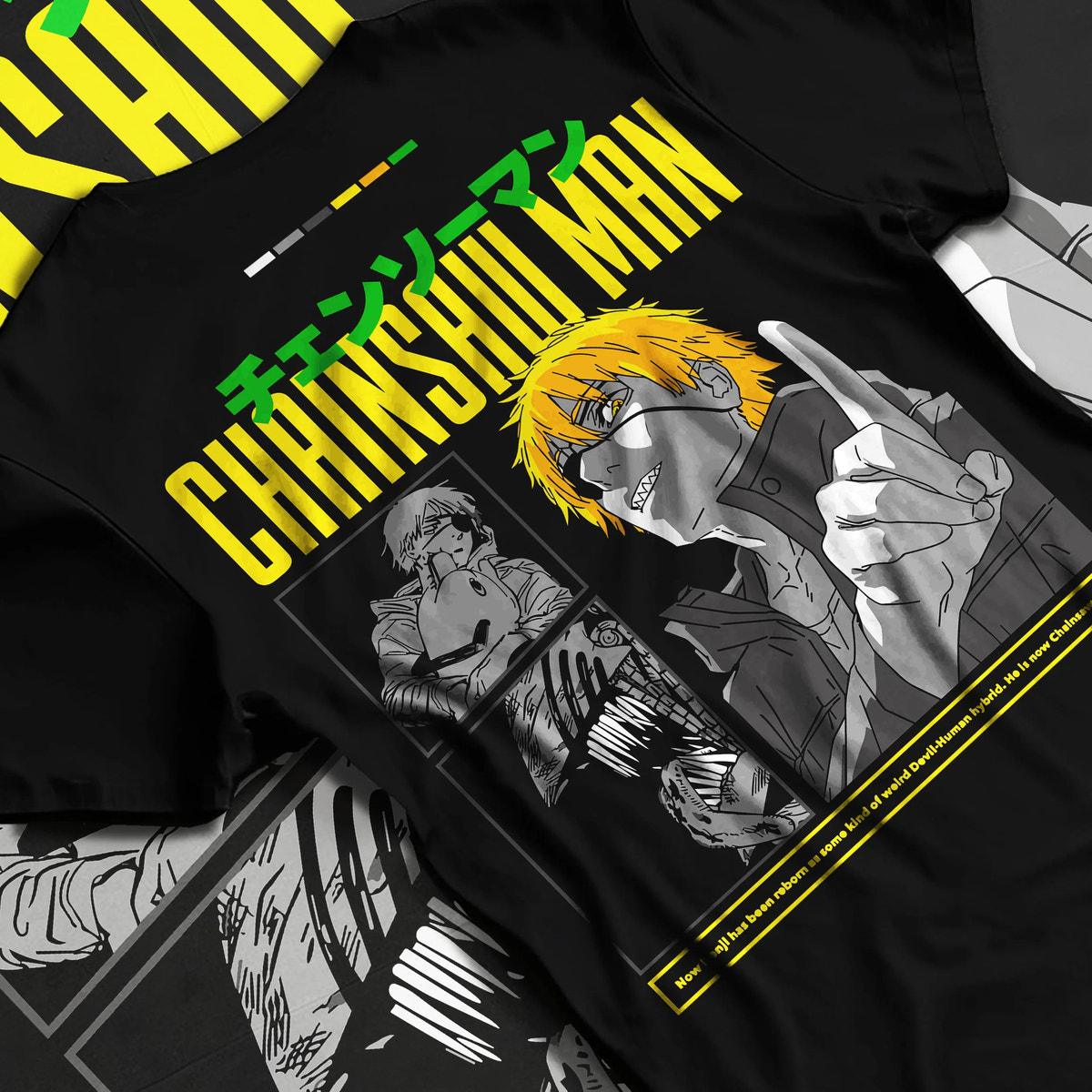 Black T-shirt flat back view showing Denji from Chainsaw Man: human form
