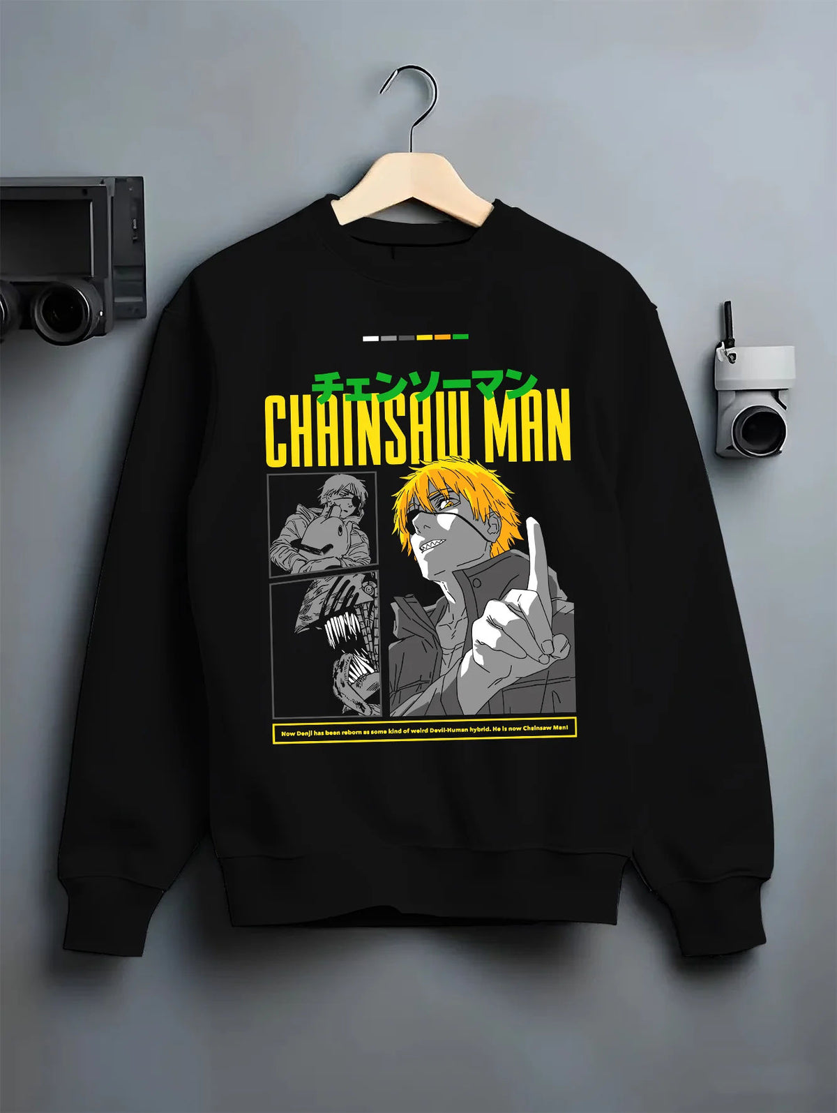 Black crewneck sweatshirt on hanger showing Denji from Chainsaw Man: human form