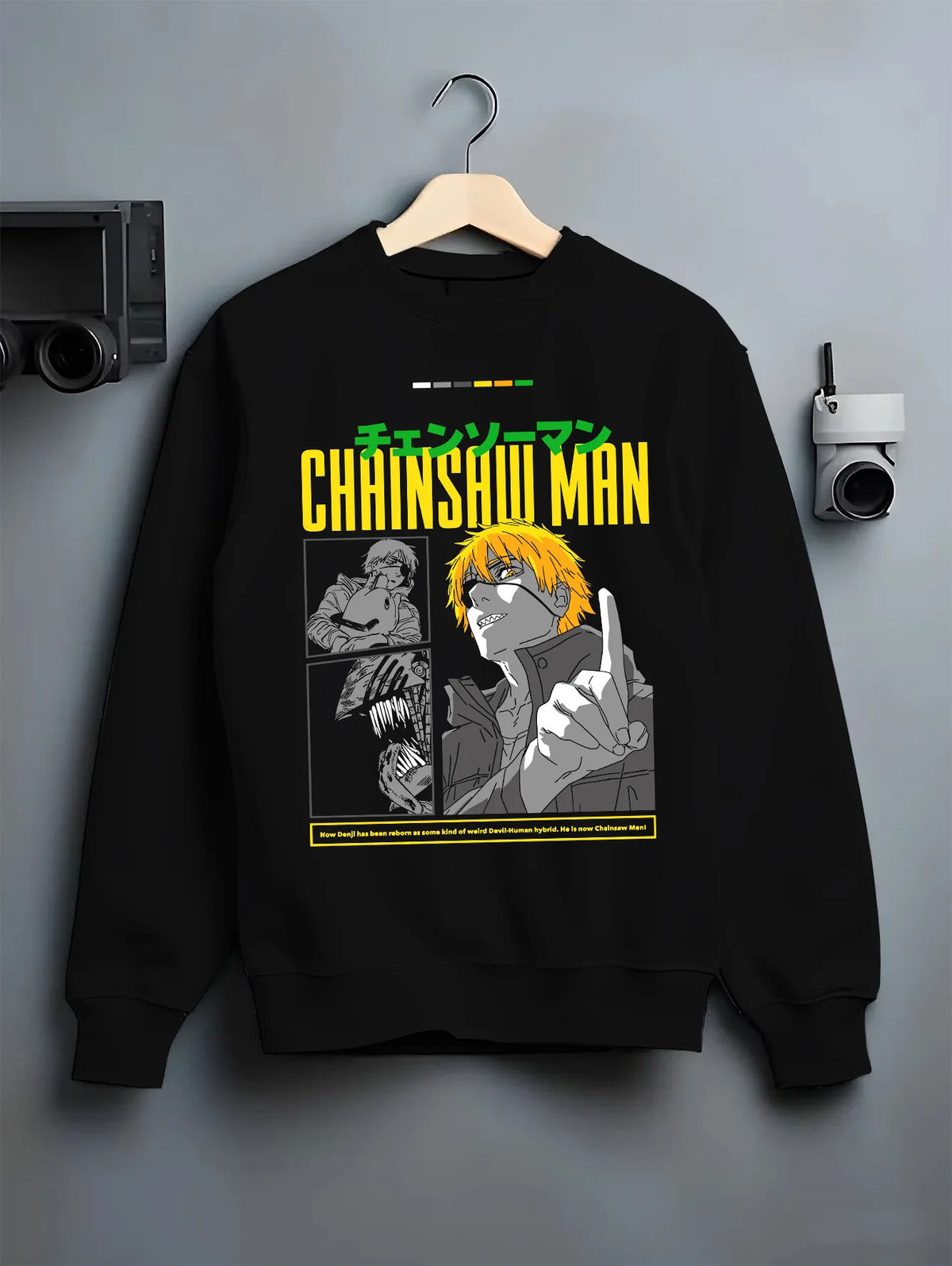 Black crewneck sweatshirt on hanger showing Denji from Chainsaw Man: human form
