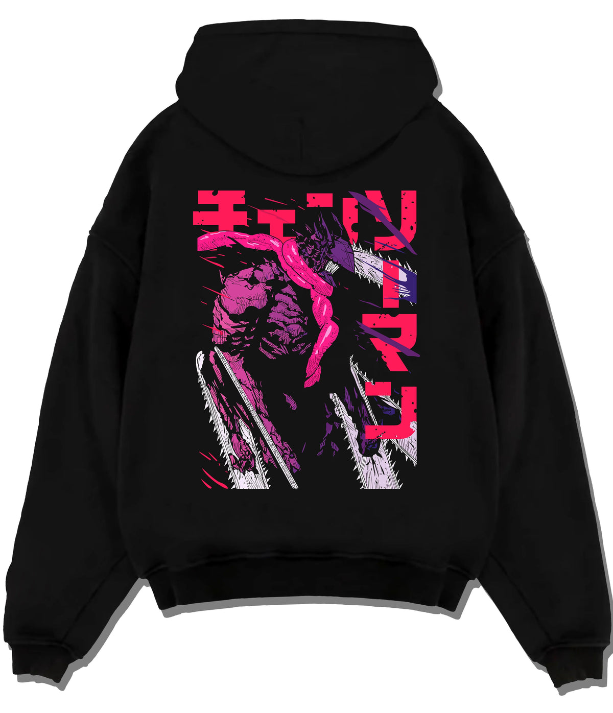 Black hoodie flat back view showing Chainsaw Devil / Denji from Chainsaw Man: purple transformed figure