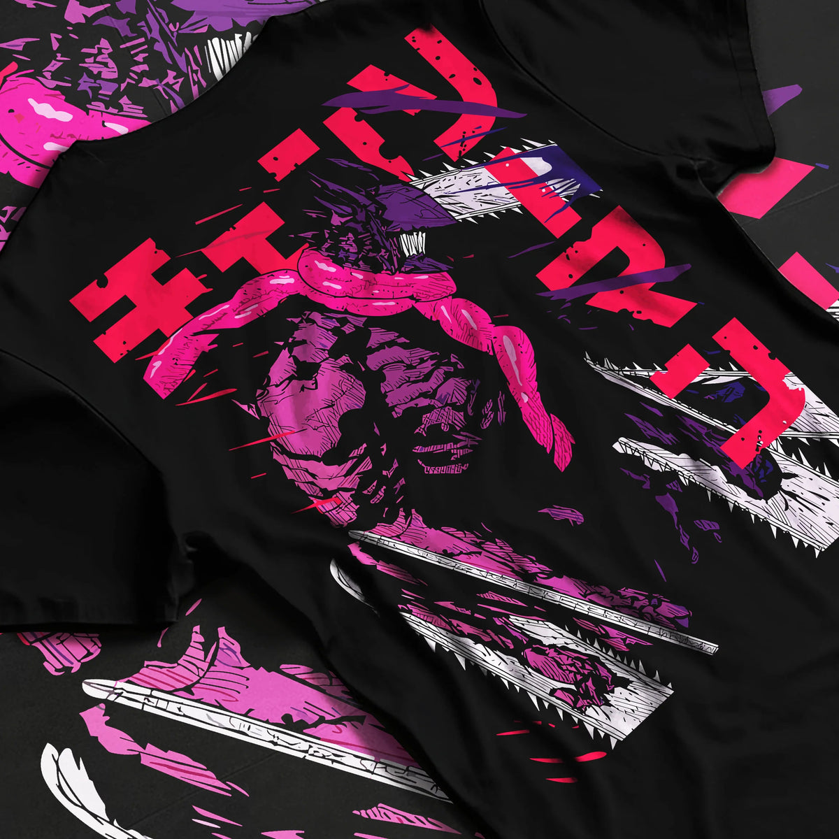 Black T-shirt flat back view showing Chainsaw Devil / Denji from Chainsaw Man: purple transformed figure