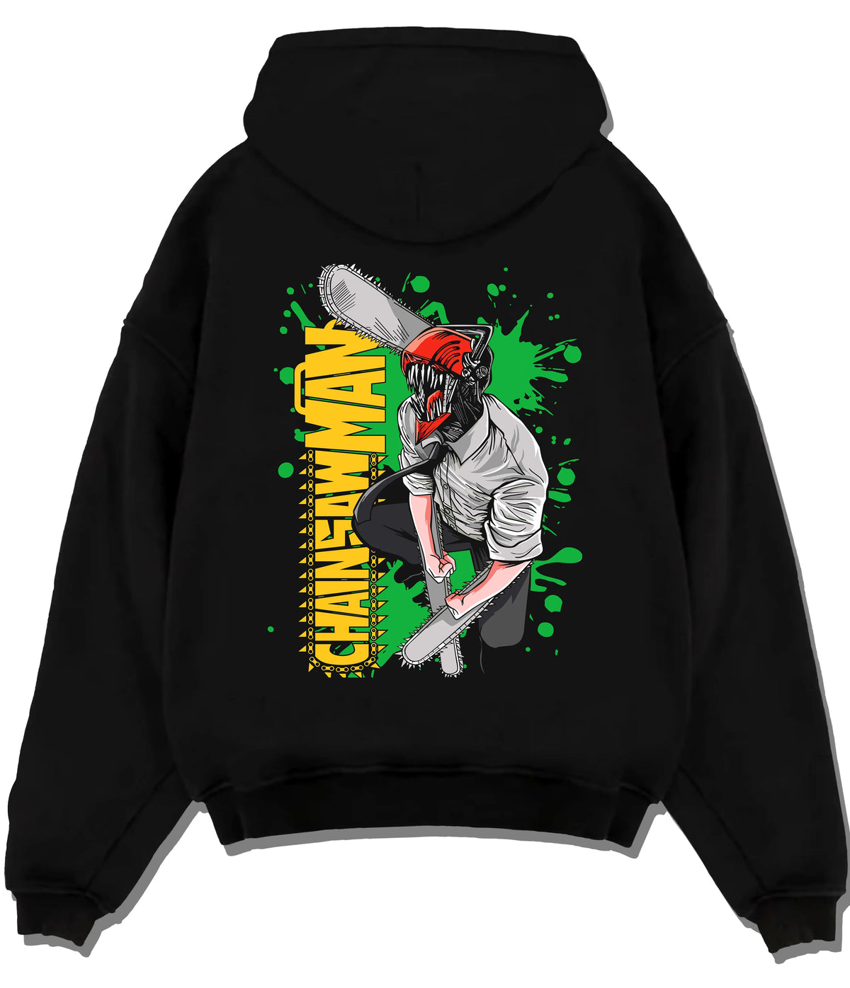 Black hoodie flat back view showing Denji transformed from Chainsaw Man: chainsaw head and shirt, green background