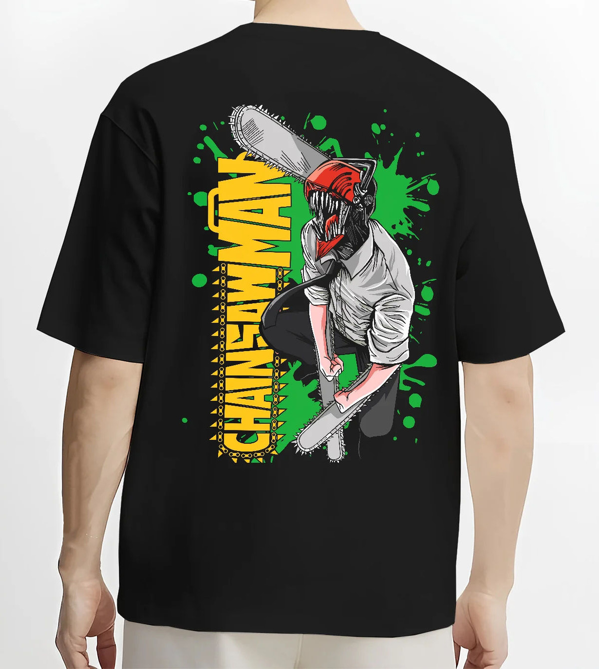 Black T-shirt model back view showing Denji transformed from Chainsaw Man: chainsaw head and shirt, green background