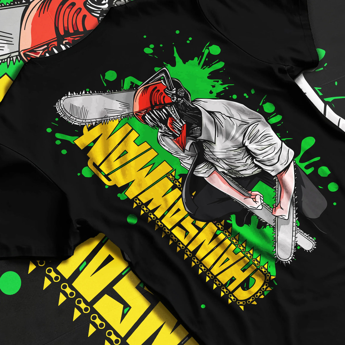 Black T-shirt flat back view showing Denji transformed from Chainsaw Man: chainsaw head and shirt, green background