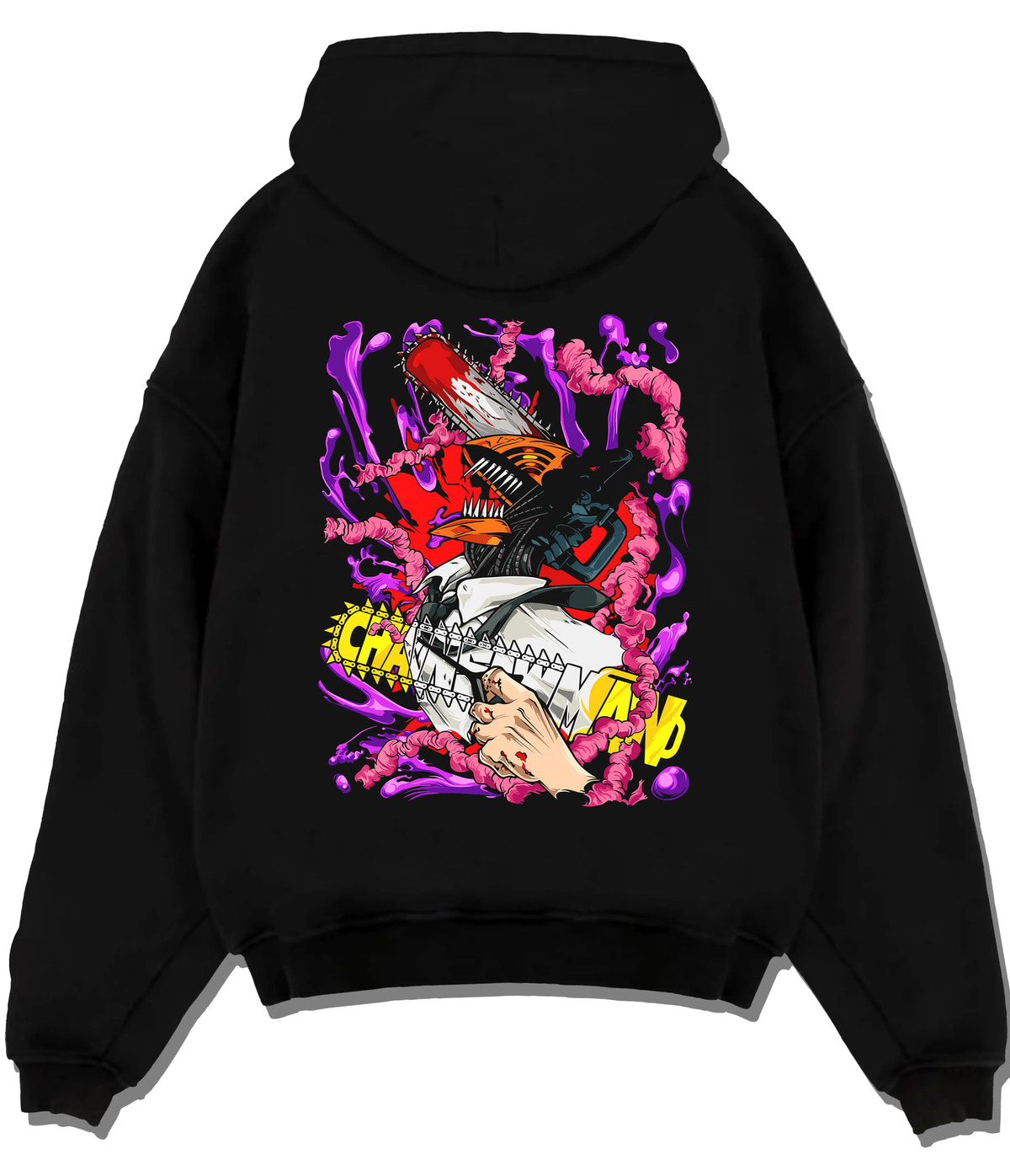 Black hoodie flat back view showing Denji transformed from Chainsaw Man: chainsaw face with purple devils