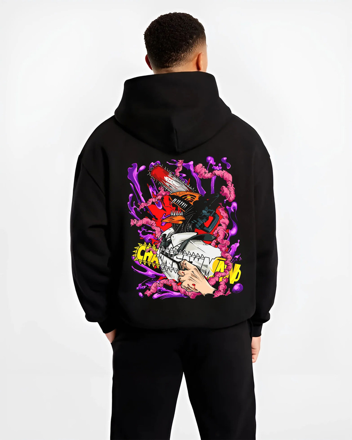 Black hoodie model back view showing Denji transformed from Chainsaw Man: chainsaw face with purple devils