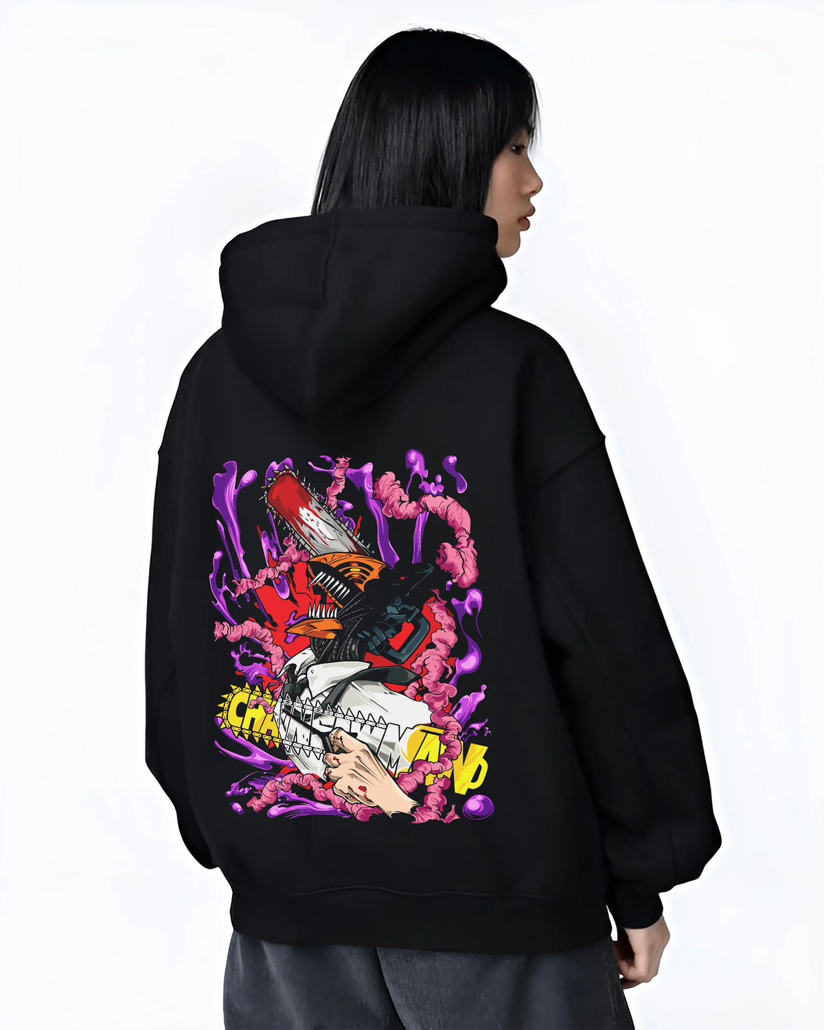 Black hoodie female model back view showing Denji transformed from Chainsaw Man: chainsaw face with purple devils
