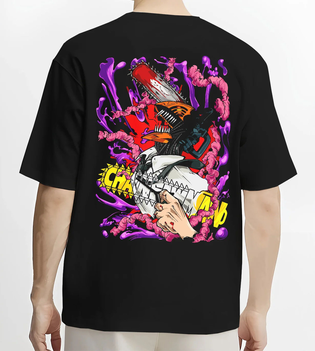 Black T-shirt model back view showing Denji transformed from Chainsaw Man: chainsaw face with purple devils