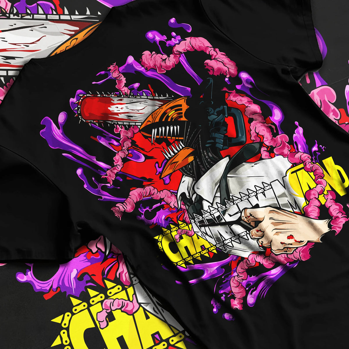 Black T-shirt flat back view showing Denji transformed from Chainsaw Man: chainsaw face with purple devils