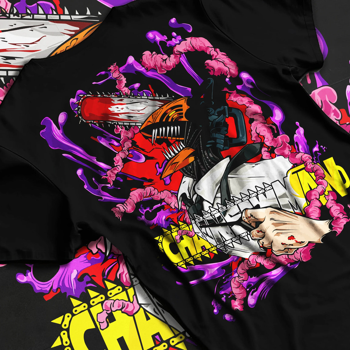 Black T-shirt flat back view showing Denji transformed from Chainsaw Man: chainsaw face with purple devils