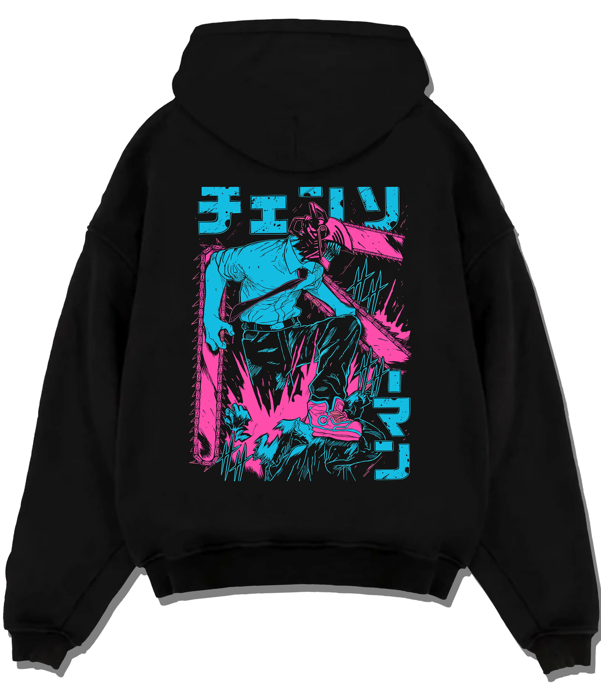 Black hoodie flat back view showing Chainsaw Devil / Denji from Chainsaw Man: cyan and magenta standing silhouette
