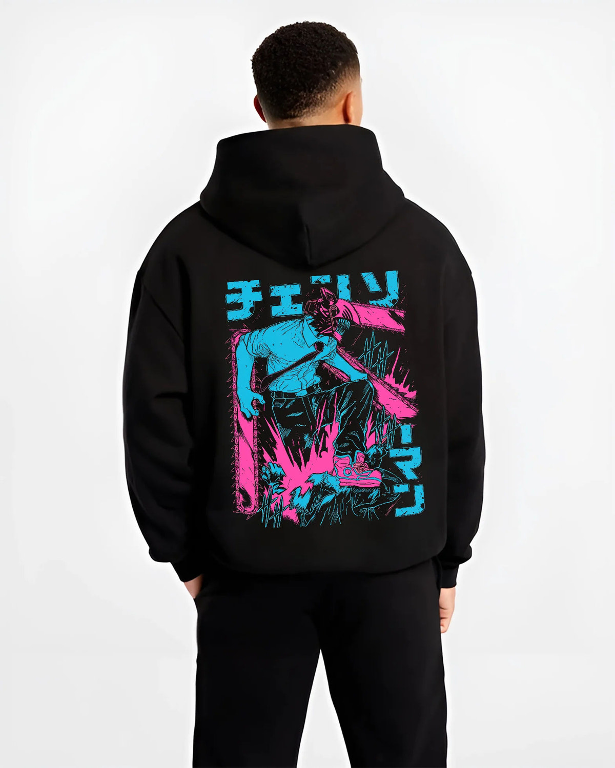 Black hoodie model back view showing Chainsaw Devil / Denji from Chainsaw Man: cyan and magenta standing silhouette