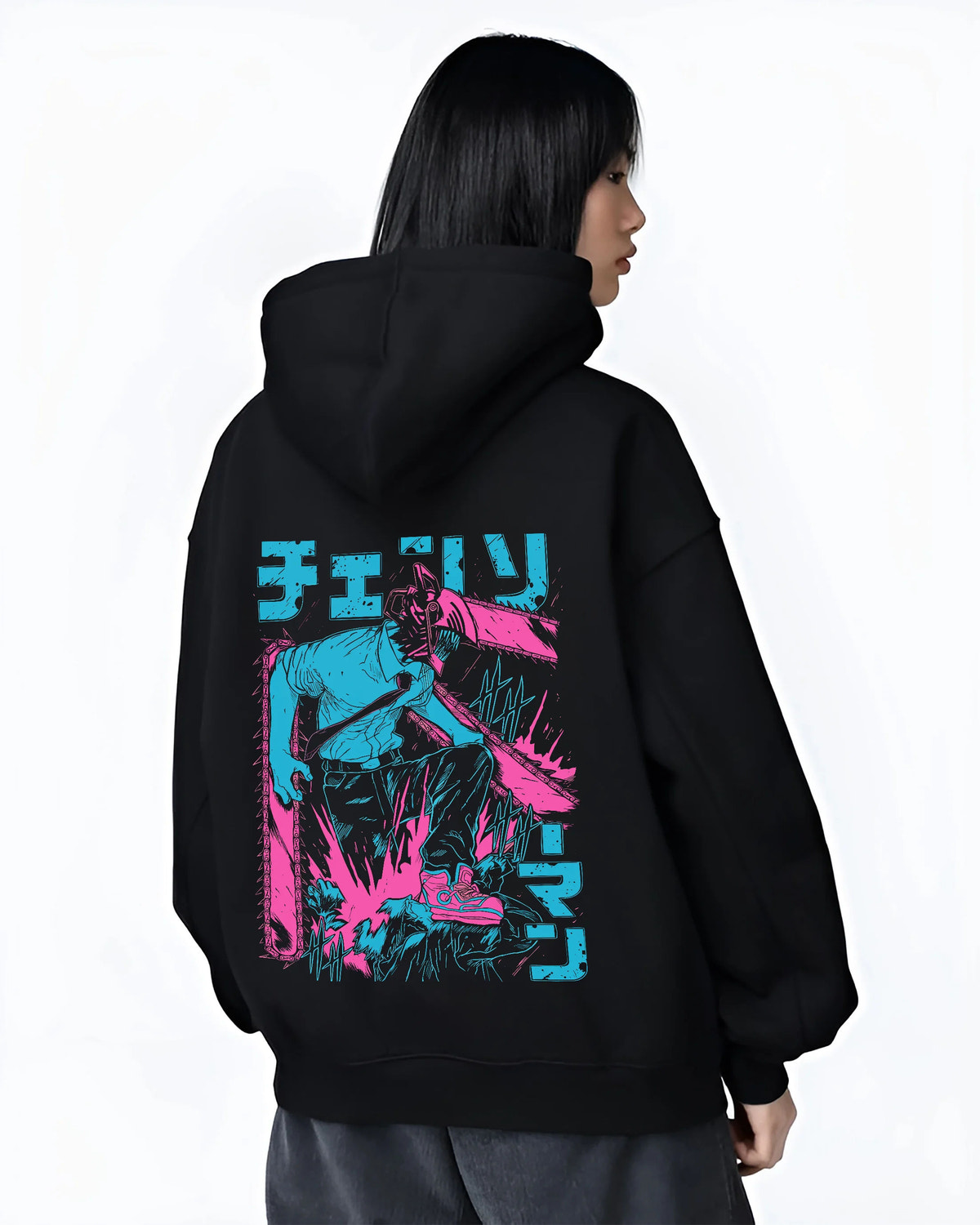Black hoodie female model back view showing Chainsaw Devil / Denji from Chainsaw Man: cyan and magenta standing silhouette