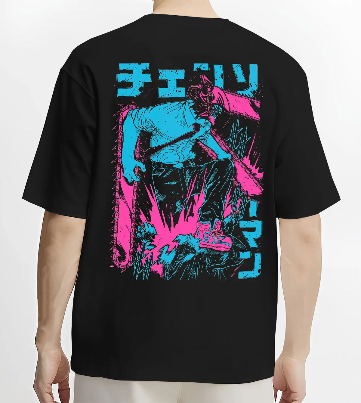 Black T-shirt model back view showing Chainsaw Devil / Denji from Chainsaw Man: cyan and magenta standing silhouette