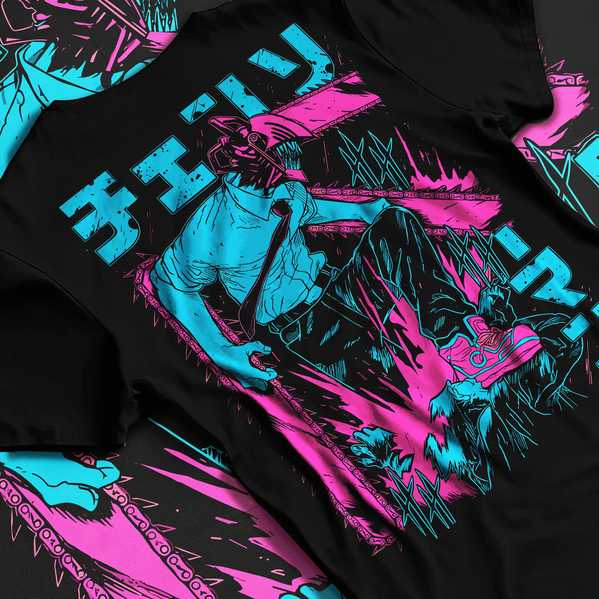 Black T-shirt flat back view showing Chainsaw Devil / Denji from Chainsaw Man: cyan and magenta standing silhouette