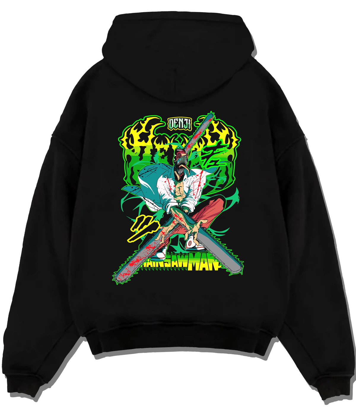 Black hoodie flat back view showing Chainsaw Devil / Denji from Chainsaw Man: neon green chainsaw sword pose