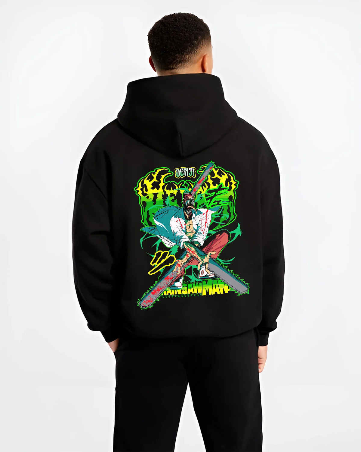 Black hoodie model back view showing Chainsaw Devil / Denji from Chainsaw Man: neon green chainsaw sword pose
