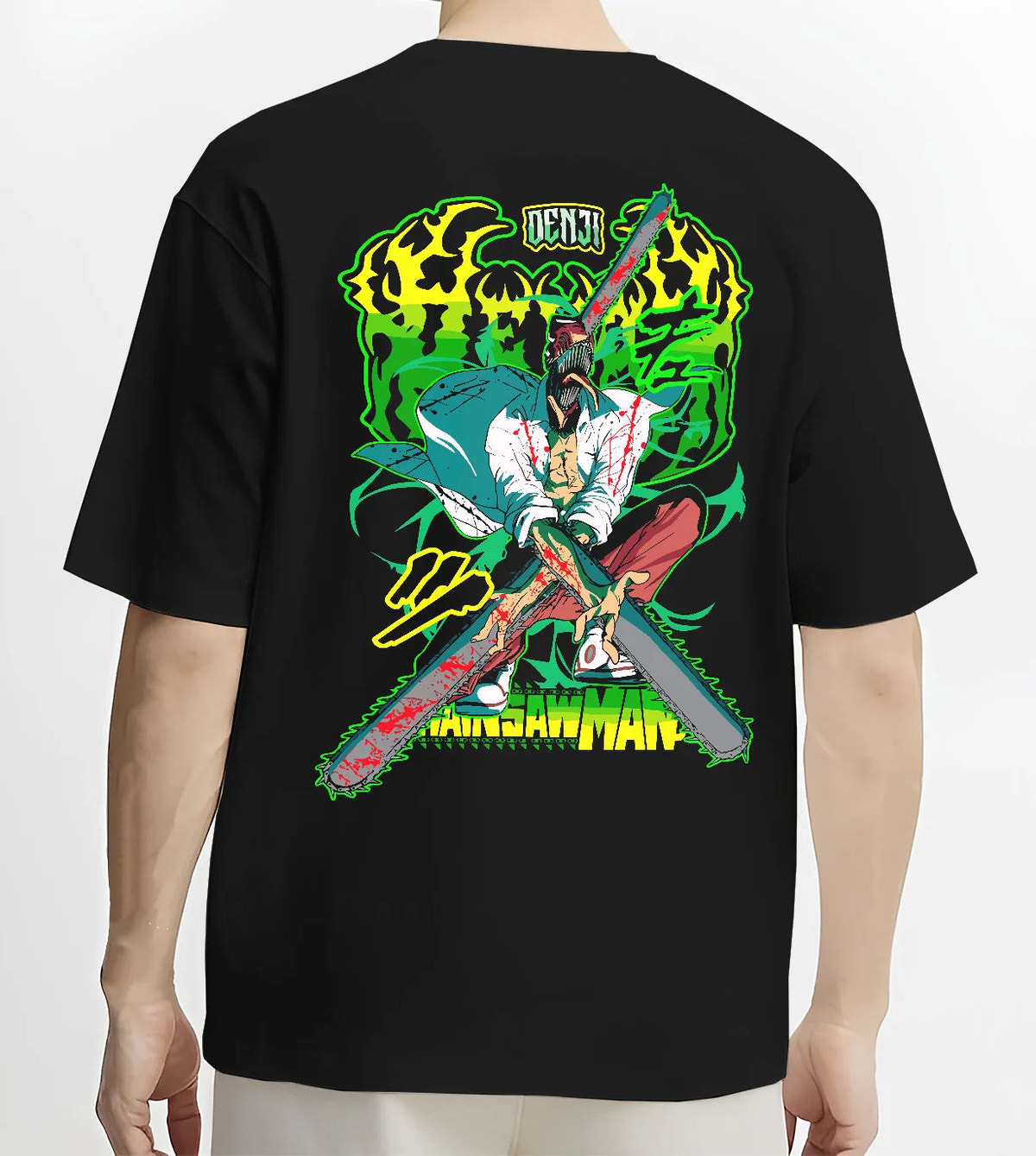 Black T-shirt model back view showing Chainsaw Devil / Denji from Chainsaw Man: neon green chainsaw sword pose