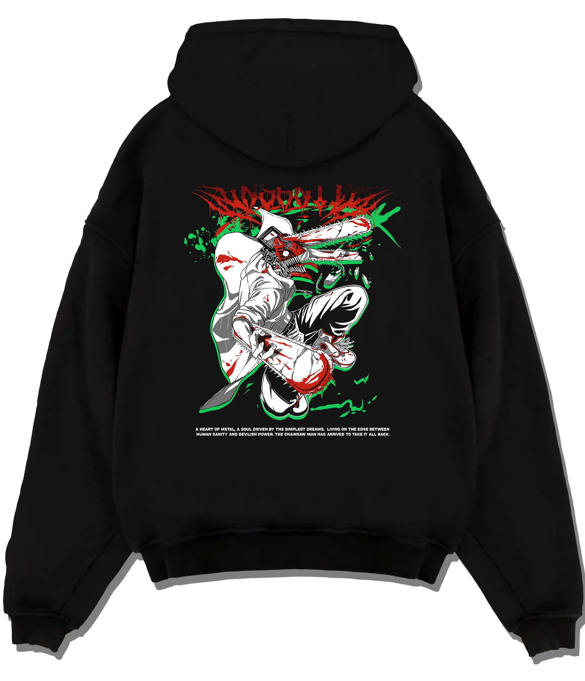 Black hoodie flat back view showing Chainsaw Devil / Denji from Chainsaw Man: white, green and red chainsaw suit