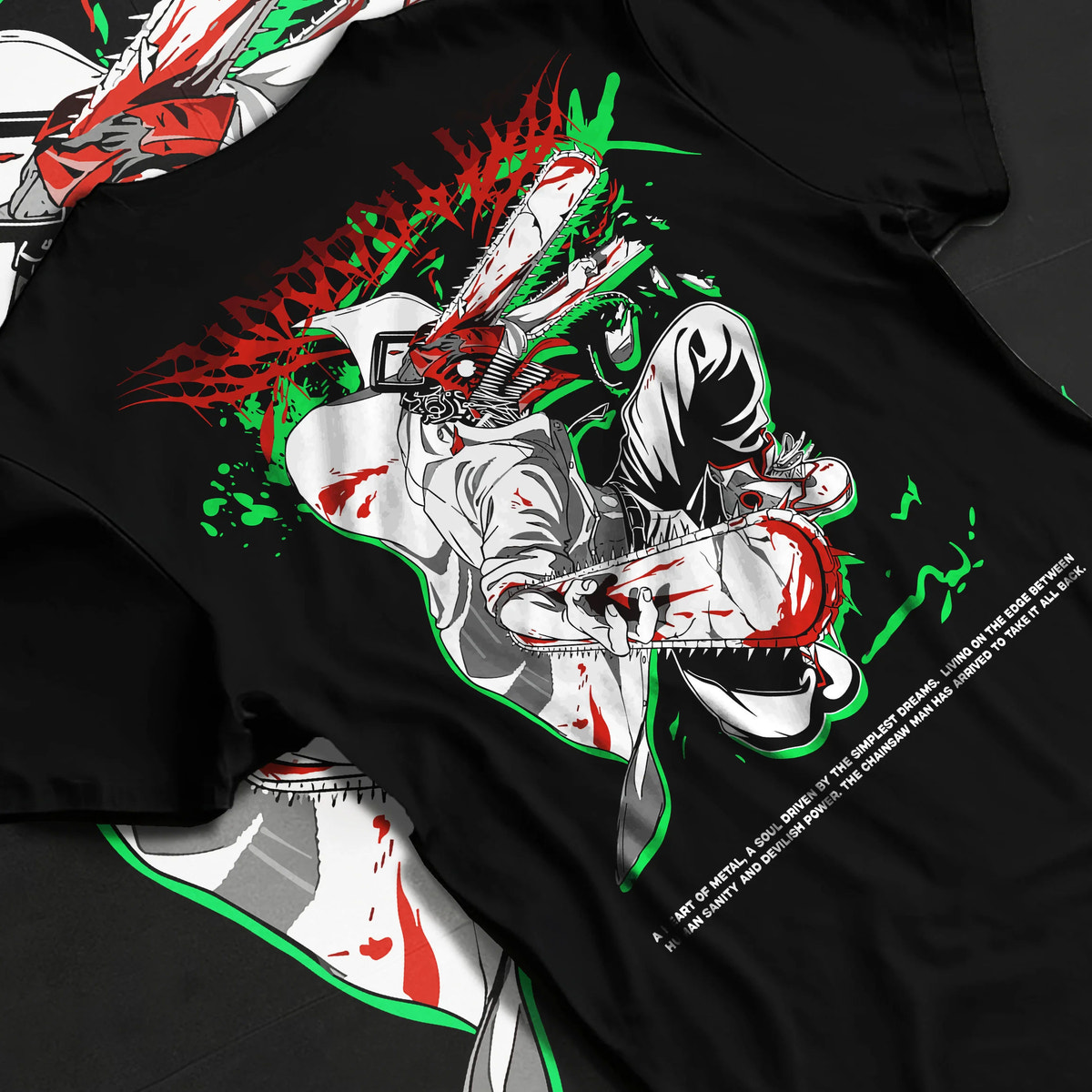 Black T-shirt flat back view showing Chainsaw Devil / Denji from Chainsaw Man: white, green and red chainsaw suit