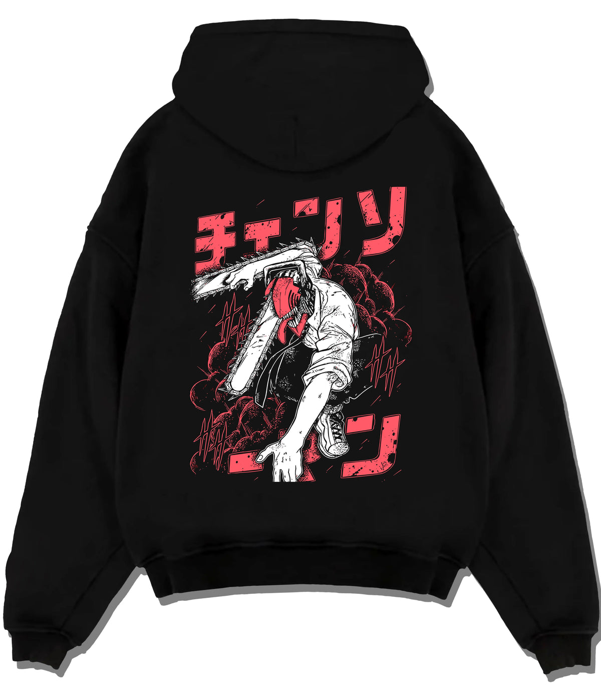 Black hoodie flat back view showing Denji transformed from Chainsaw Man: black-white chainsaw head, red lettering