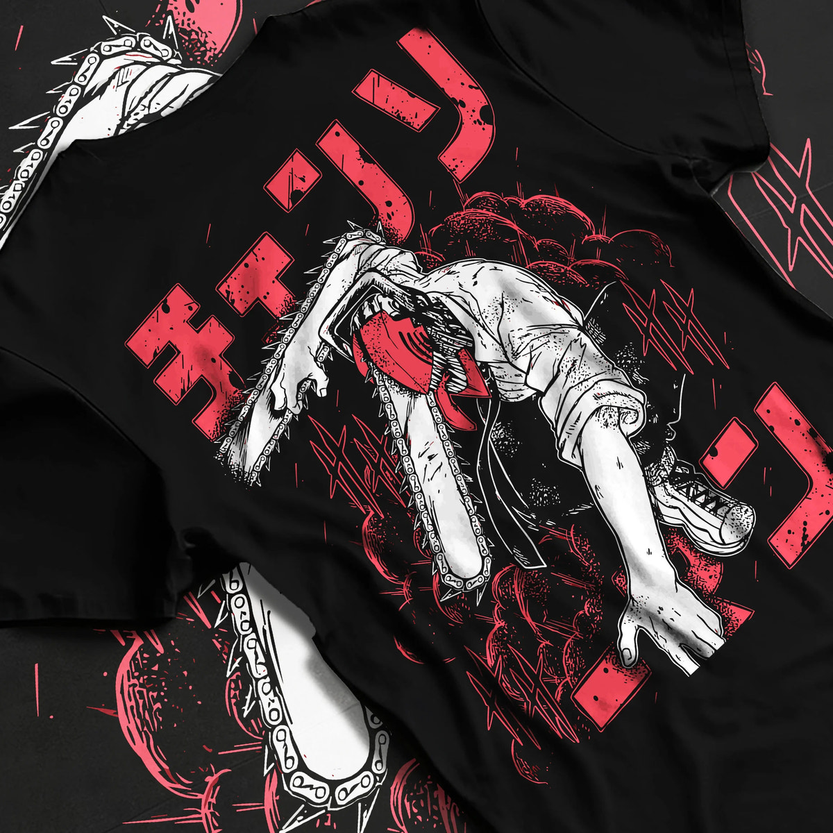 Black T-shirt flat back view showing Denji transformed from Chainsaw Man: black-white chainsaw head, red lettering