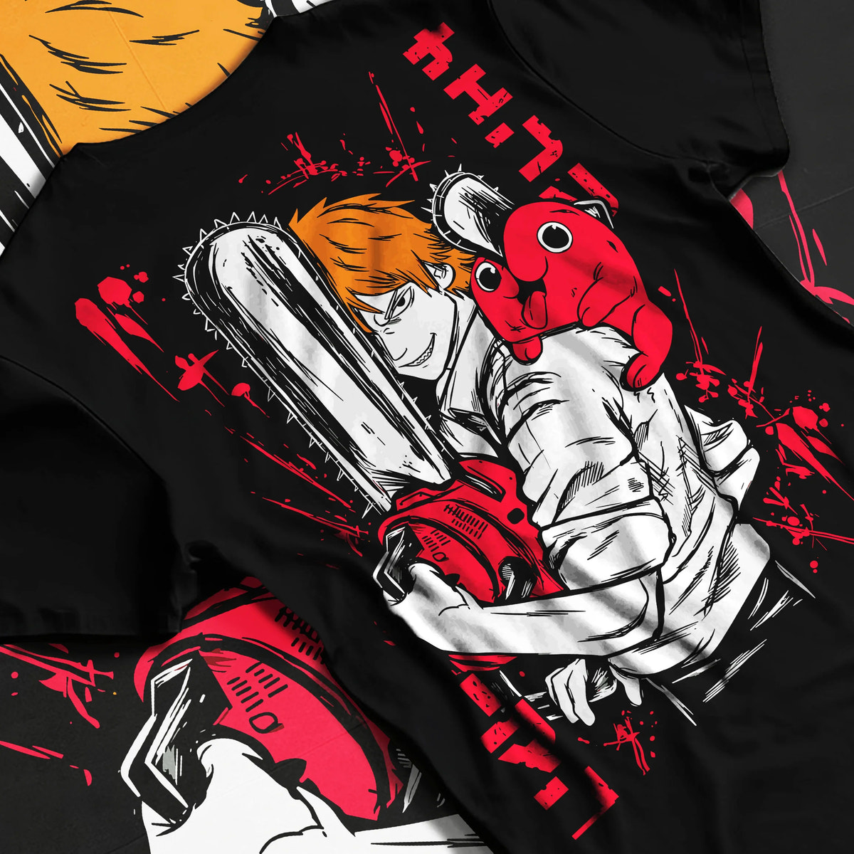 Black T-shirt flat back view showing Denji transformed with Pochita from Chainsaw Man: red-and-black poster
