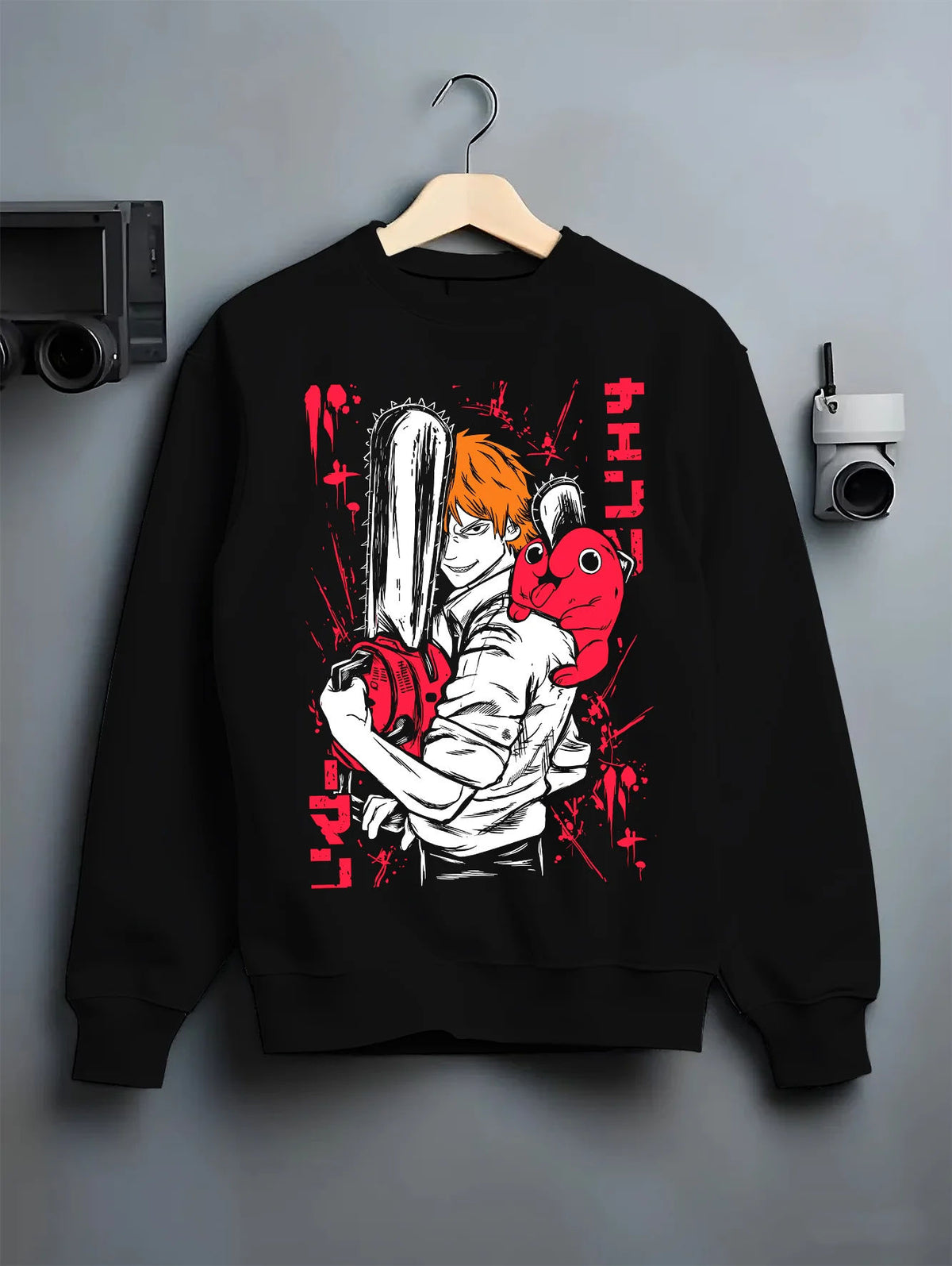 Black crewneck sweatshirt on hanger showing Denji transformed with Pochita from Chainsaw Man: red-and-black poster