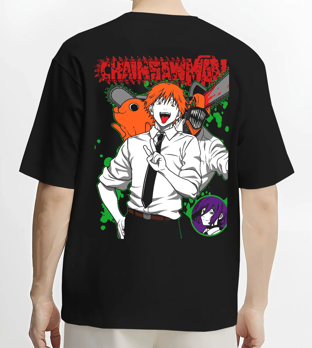 Black T-shirt model back view showing Denji (human form) and Pochita from Chainsaw Man: orange-green illustration