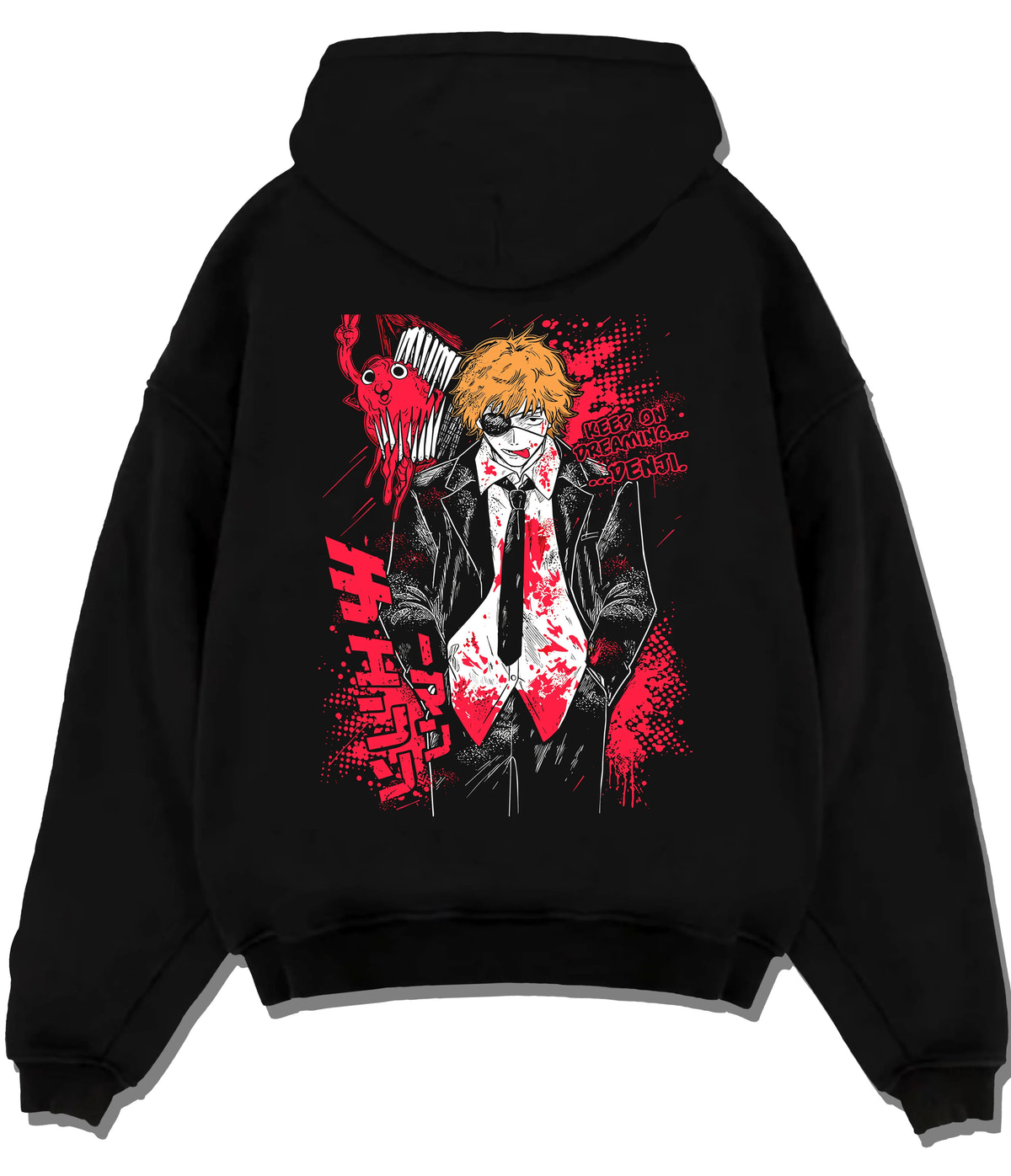 Black hoodie flat back view showing Denji from Chainsaw Man: bloody black suit and tie, Chainsaw Man