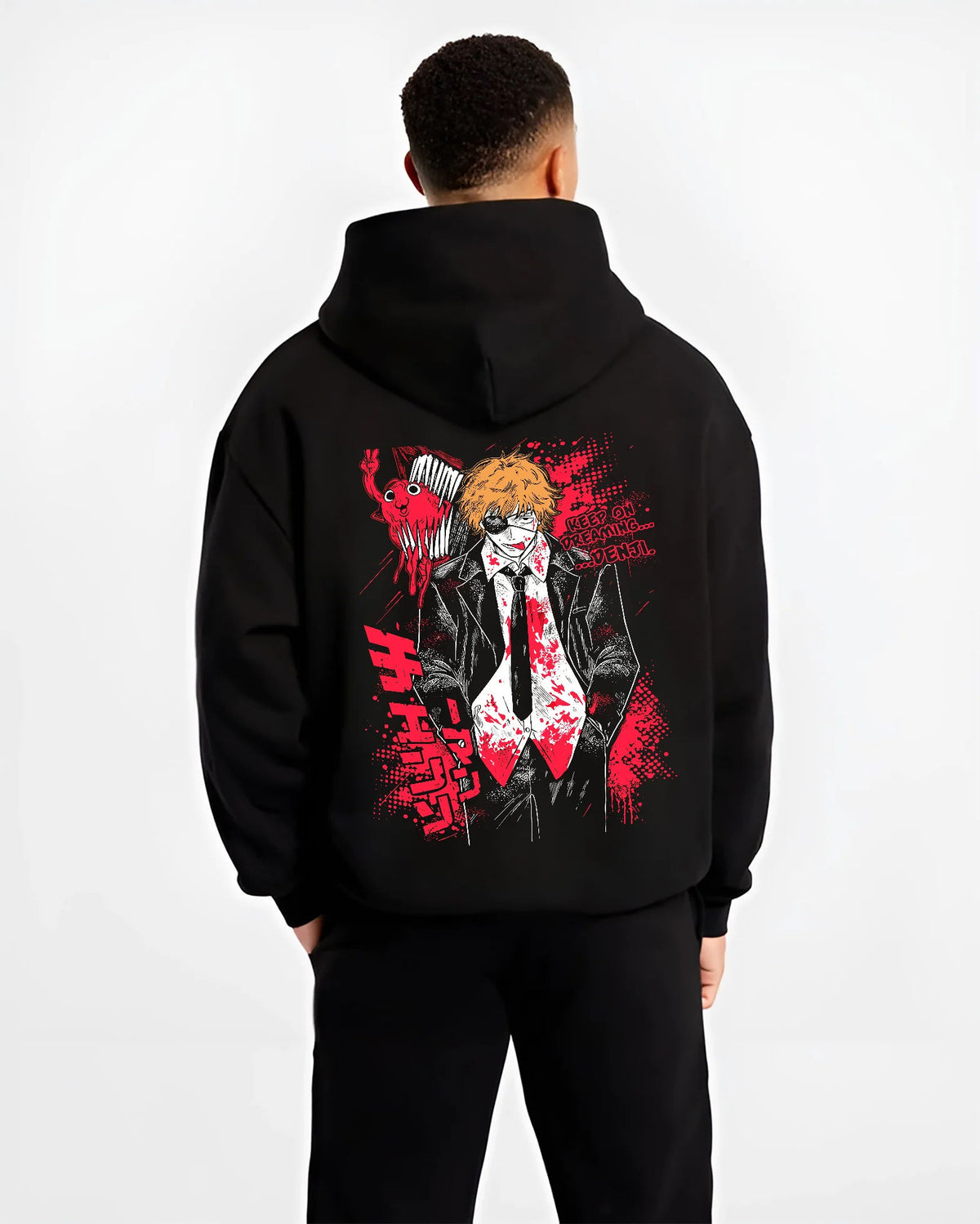 Black hoodie model back view showing Denji from Chainsaw Man: bloody black suit and tie, Chainsaw Man