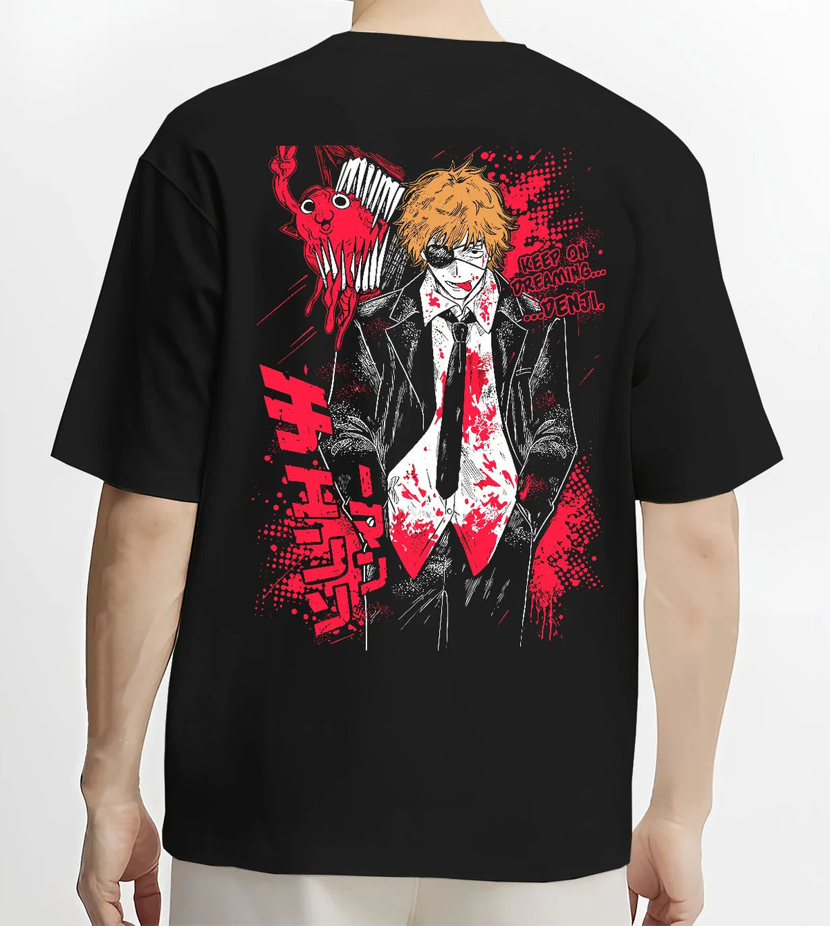 Black T-shirt model back view showing Denji from Chainsaw Man: bloody black suit and tie, Chainsaw Man