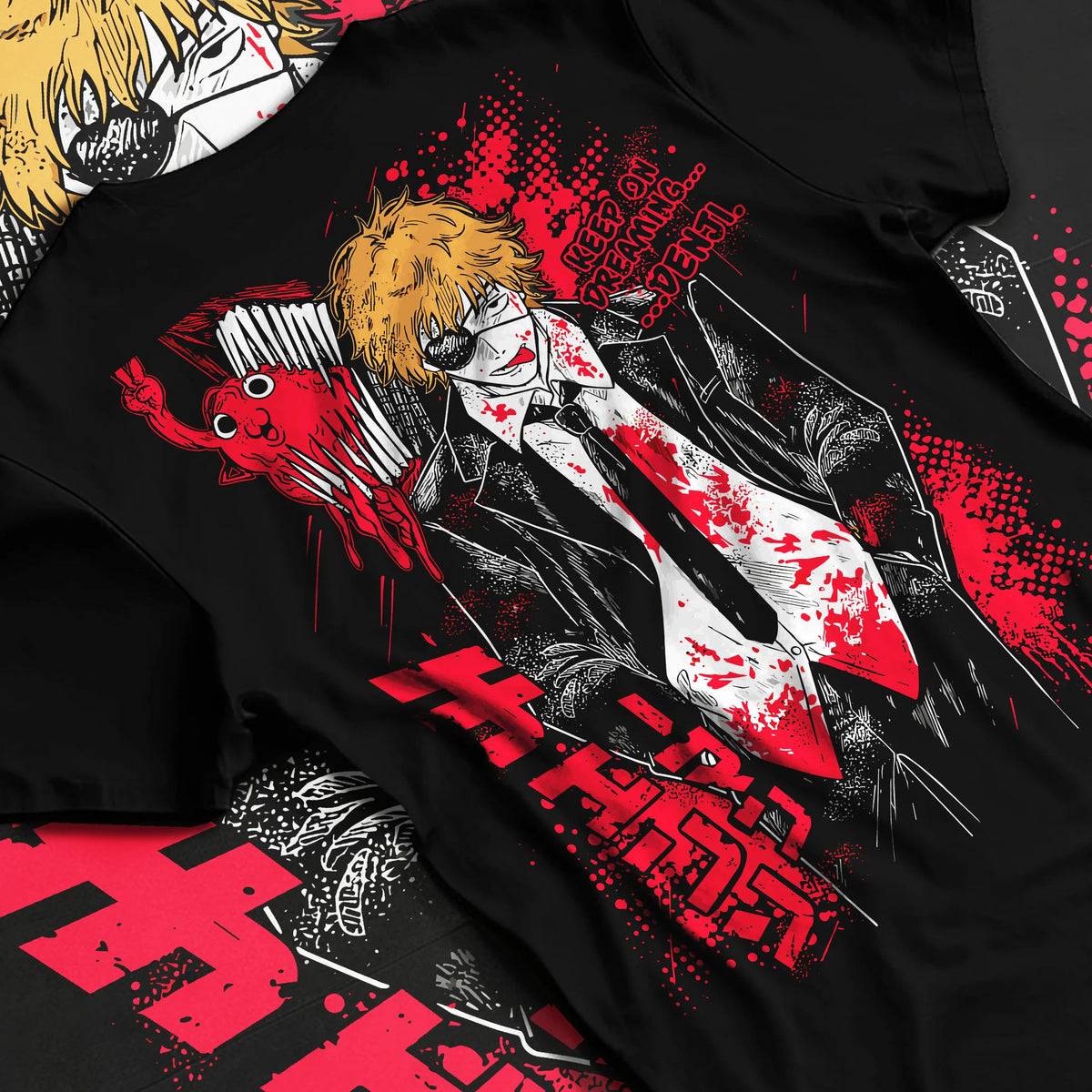 Black T-shirt flat back view showing Denji from Chainsaw Man: bloody black suit and tie, Chainsaw Man