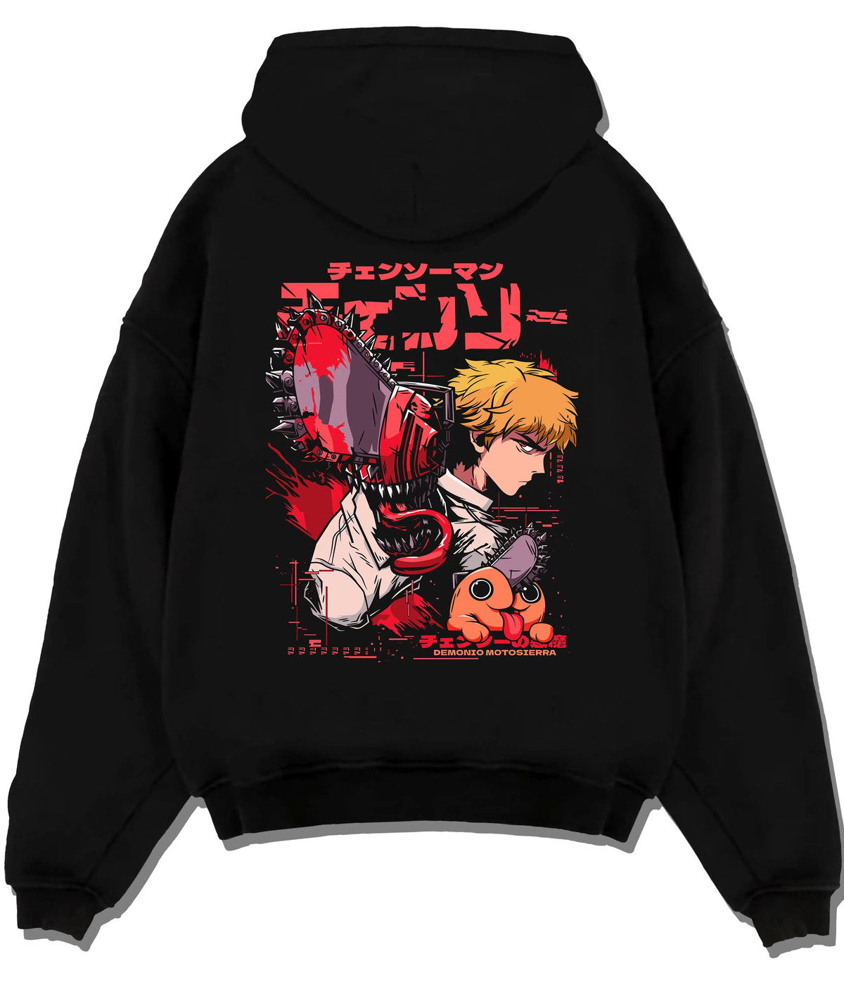 Black hoodie flat back view showing Denji with chainsaw head and Pochita from Chainsaw Man: profile poster