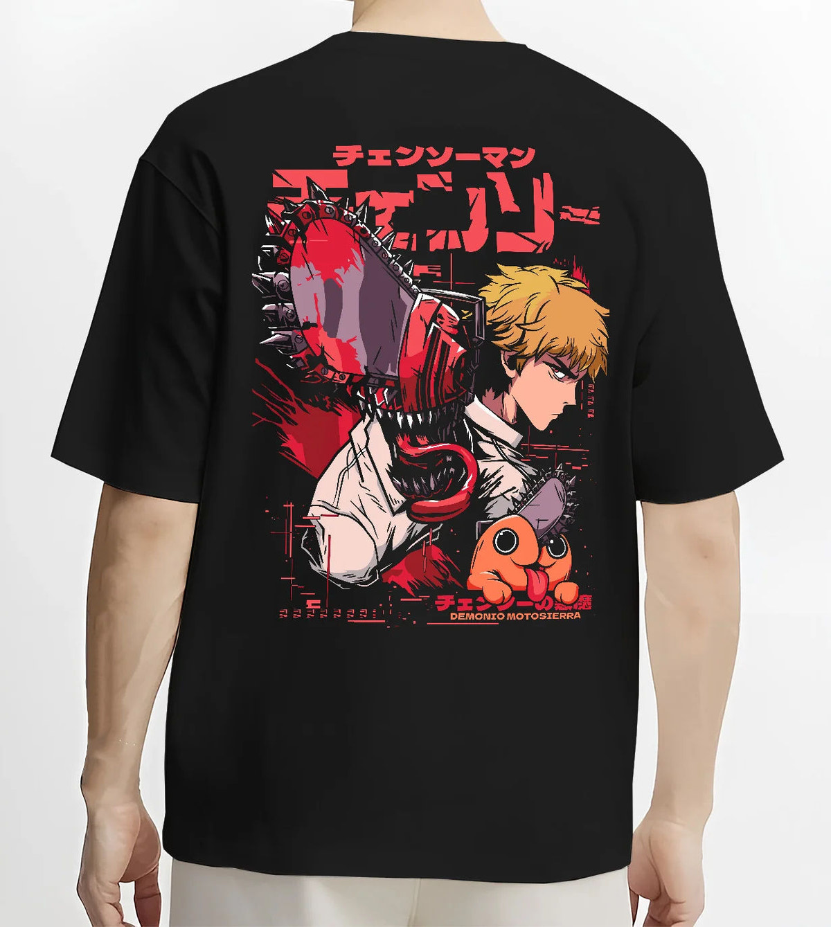 Black T-shirt model back view showing Denji with chainsaw head and Pochita from Chainsaw Man: profile poster