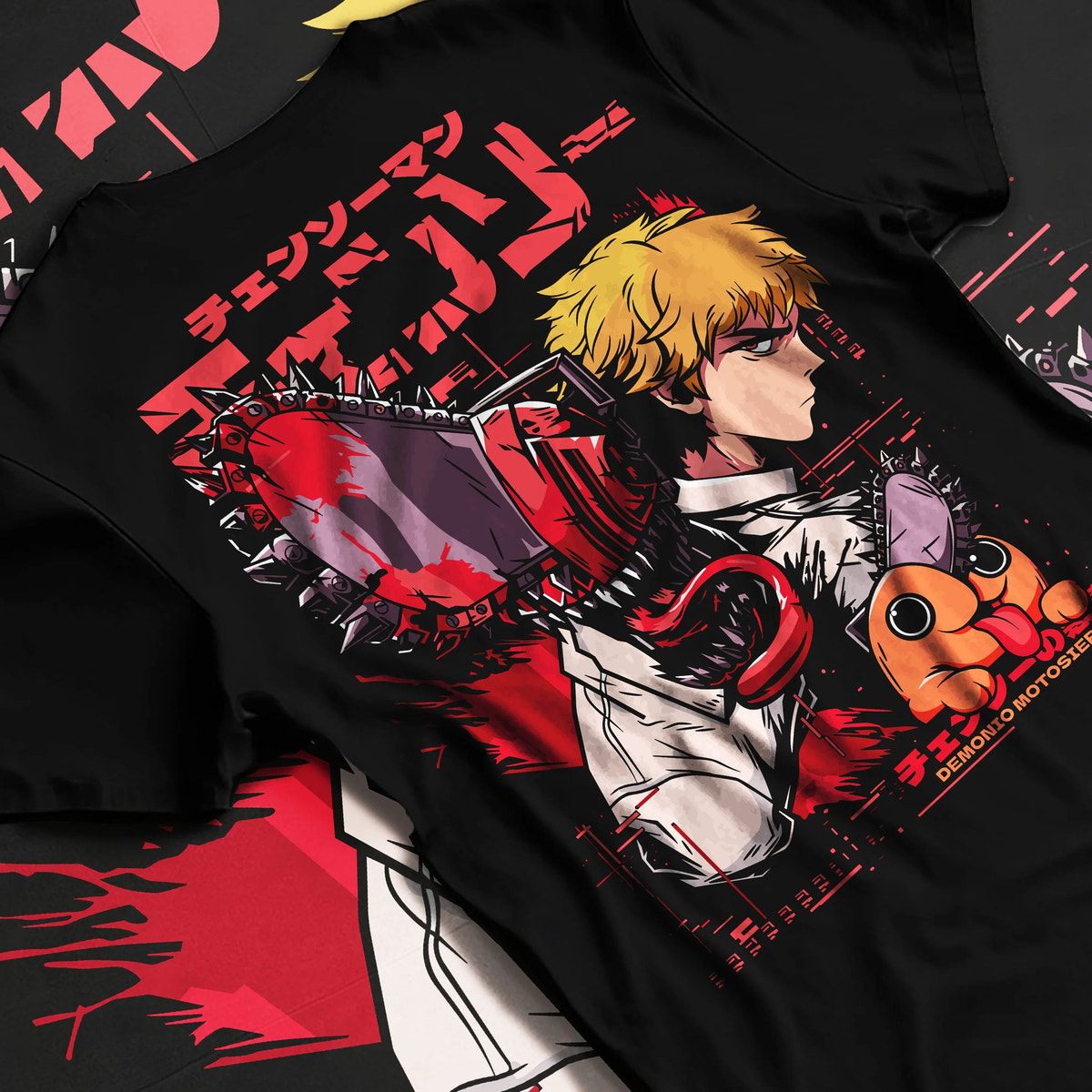 Black T-shirt flat back view showing Denji with chainsaw head and Pochita from Chainsaw Man: profile poster