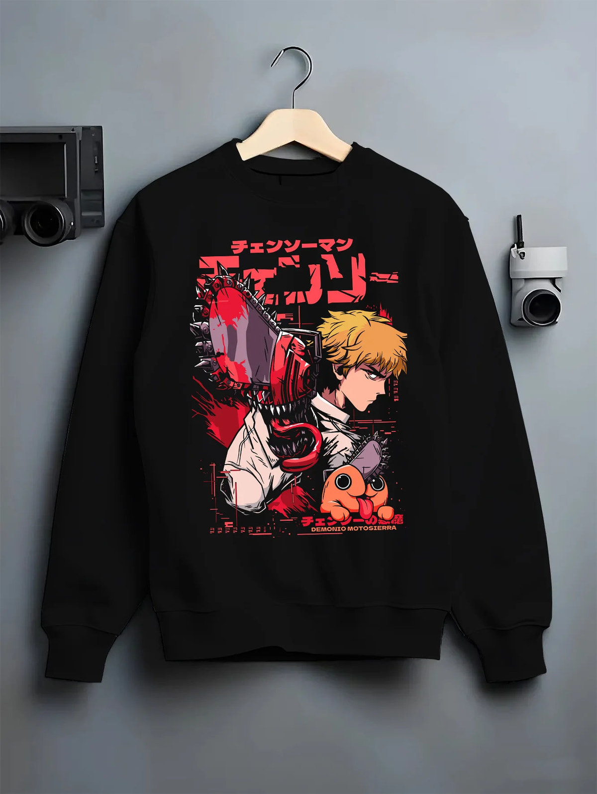 Black crewneck sweatshirt on hanger showing Denji with chainsaw head and Pochita from Chainsaw Man: profile poster