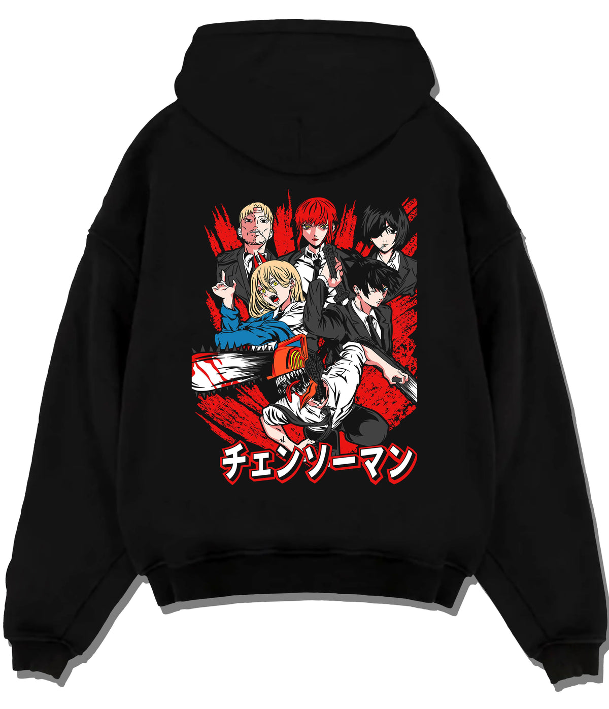 Black hoodie flat back view showing Chainsaw Man ensemble: Denji, Makima, Power and Aki
