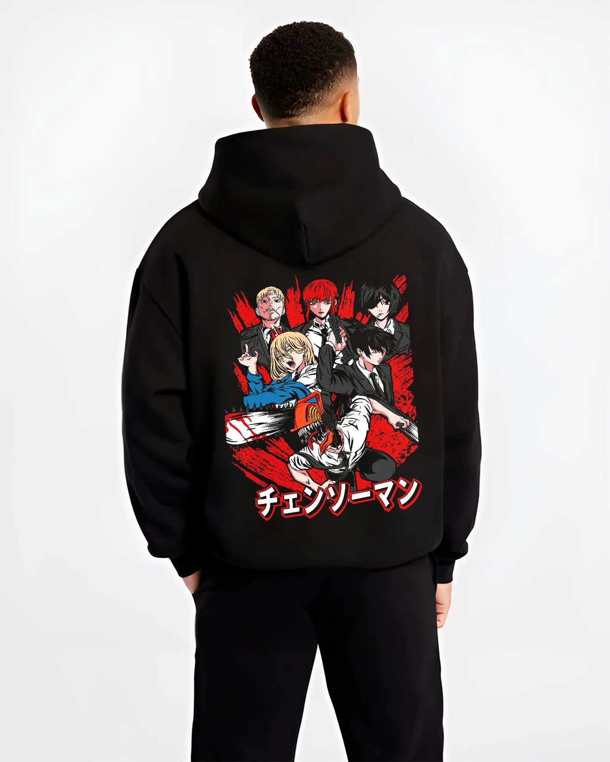 Black hoodie model back view showing Chainsaw Man ensemble: Denji, Makima, Power and Aki