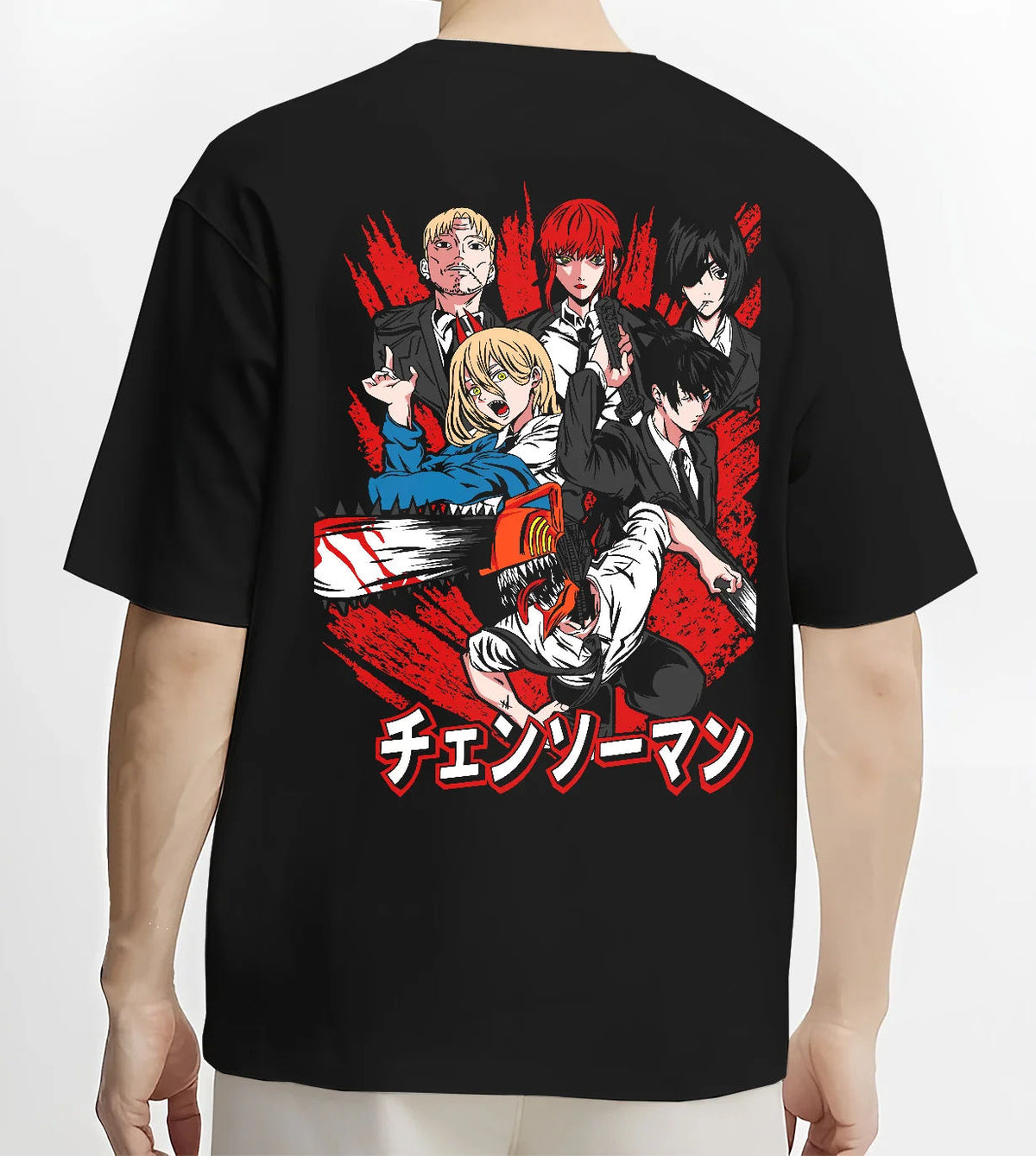 Black T-shirt model back view showing Chainsaw Man ensemble: Denji, Makima, Power and Aki