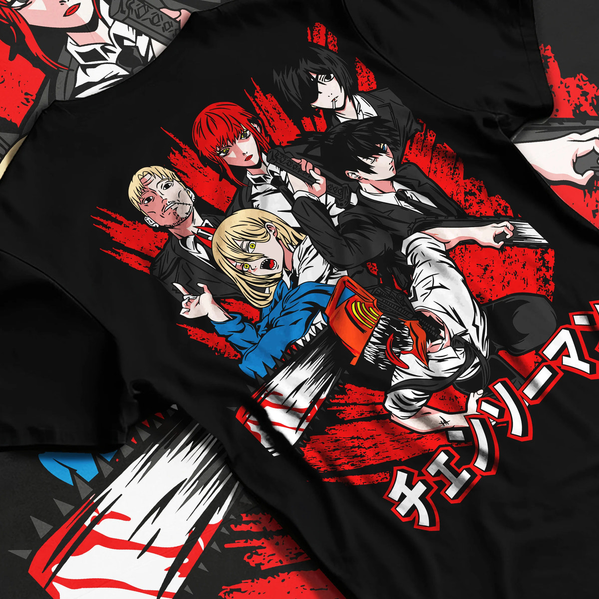 Black T-shirt flat back view showing Chainsaw Man ensemble: Denji, Makima, Power and Aki