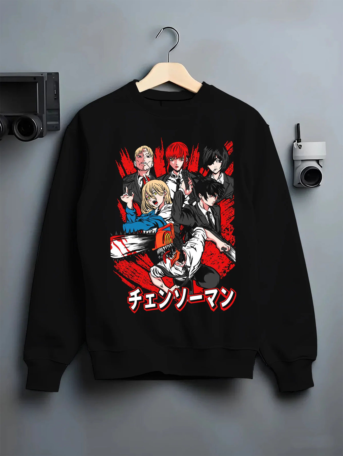Black crewneck sweatshirt on hanger showing Chainsaw Man ensemble: Denji, Makima, Power and Aki