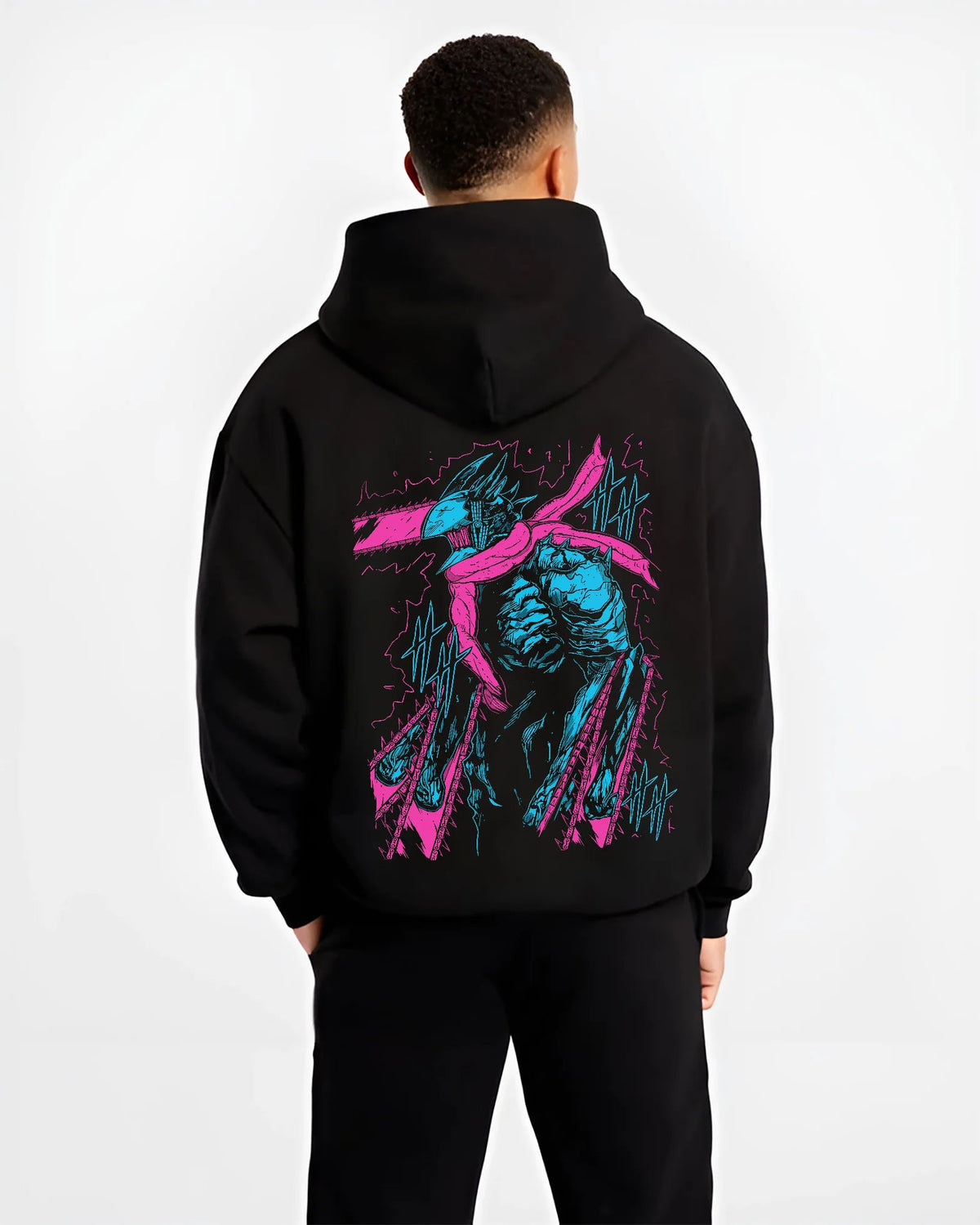 Black hoodie model back view showing Chainsaw Devil / Denji from Chainsaw Man: turquoise and purple standing portrait