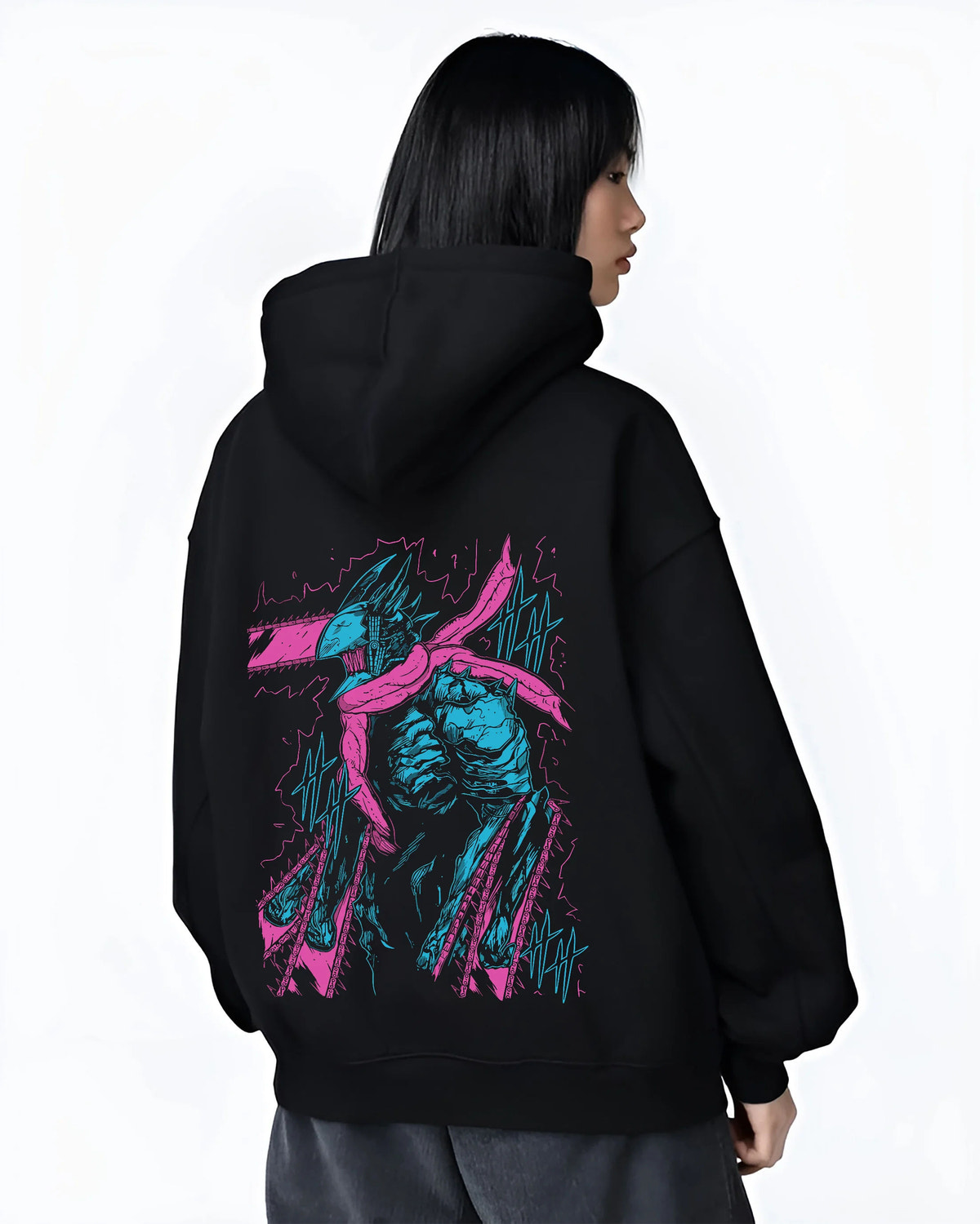 Black hoodie female model back view showing Chainsaw Devil / Denji from Chainsaw Man: turquoise and purple standing portrait