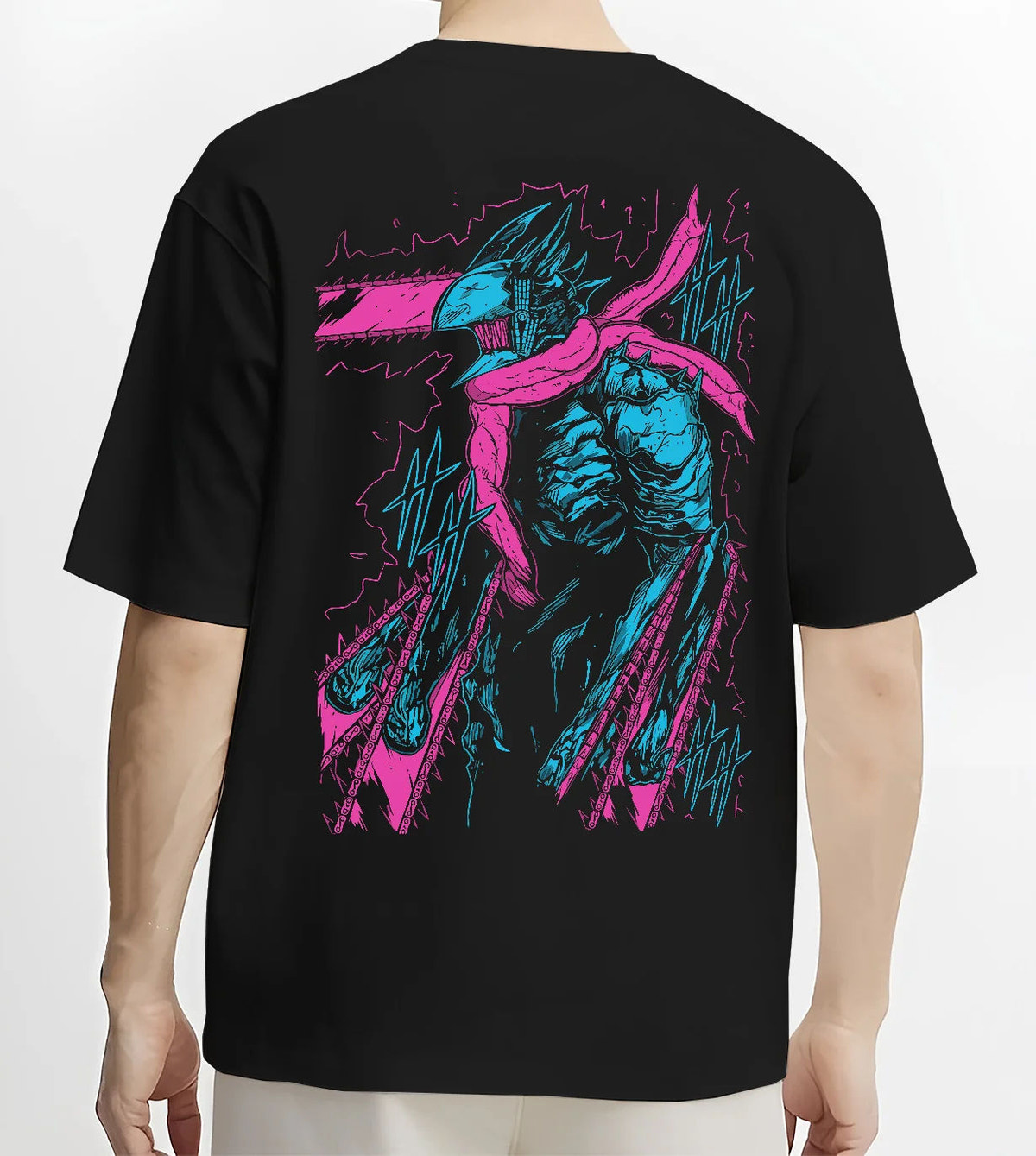 Black T-shirt model back view showing Chainsaw Devil / Denji from Chainsaw Man: turquoise and purple standing portrait