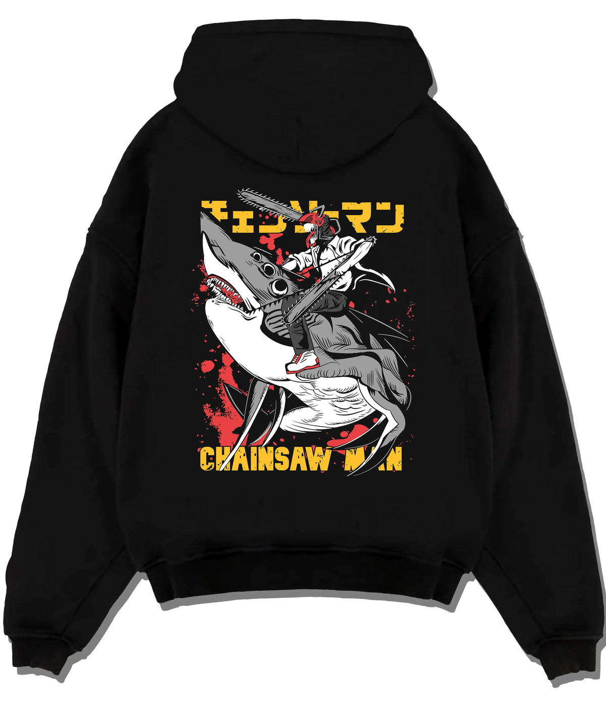 Black hoodie flat back view showing Chainsaw Devil / Denji from Chainsaw Man: graphic chainsaw-mouth attack