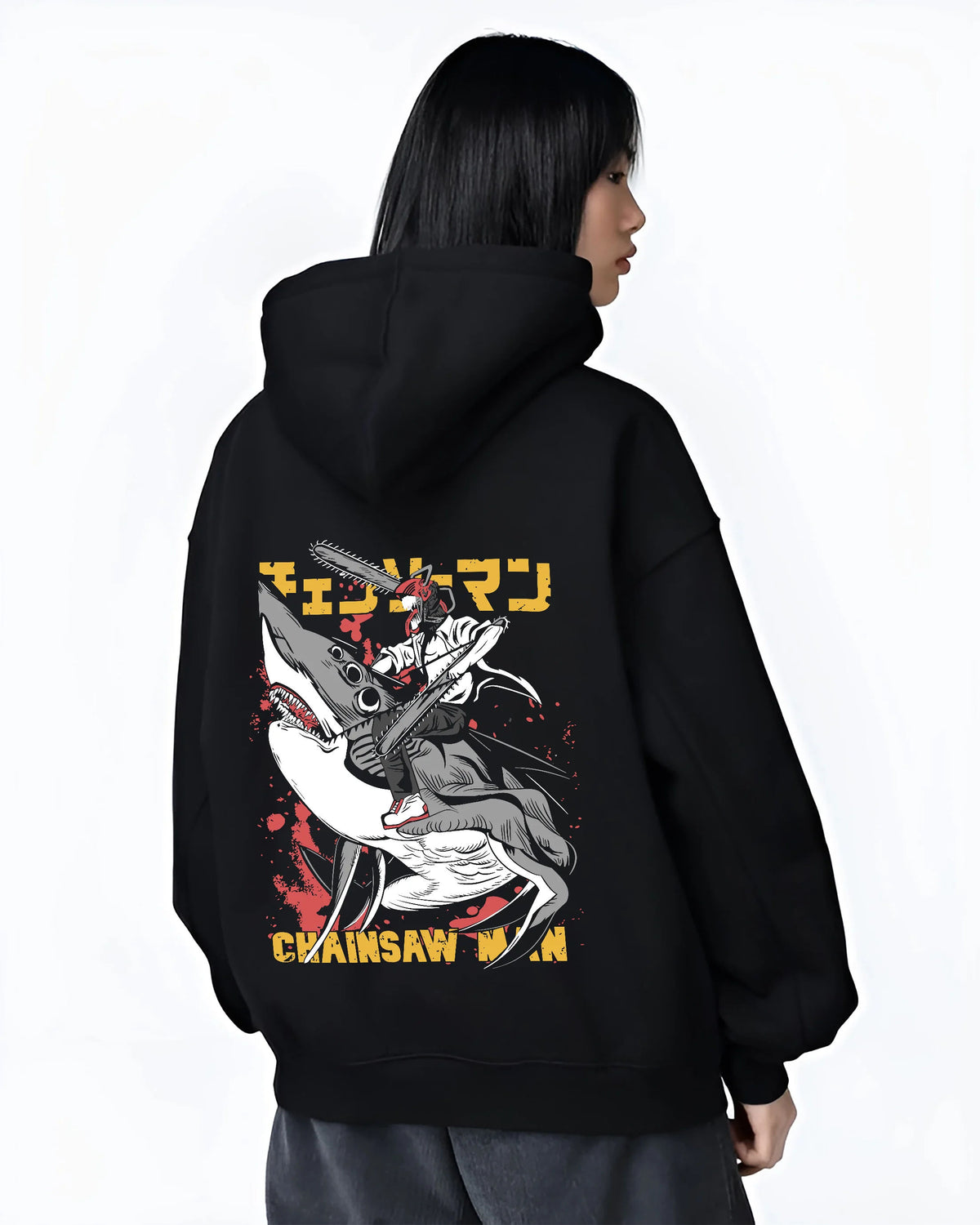 Black hoodie female model back view showing Chainsaw Devil / Denji from Chainsaw Man: graphic chainsaw-mouth attack