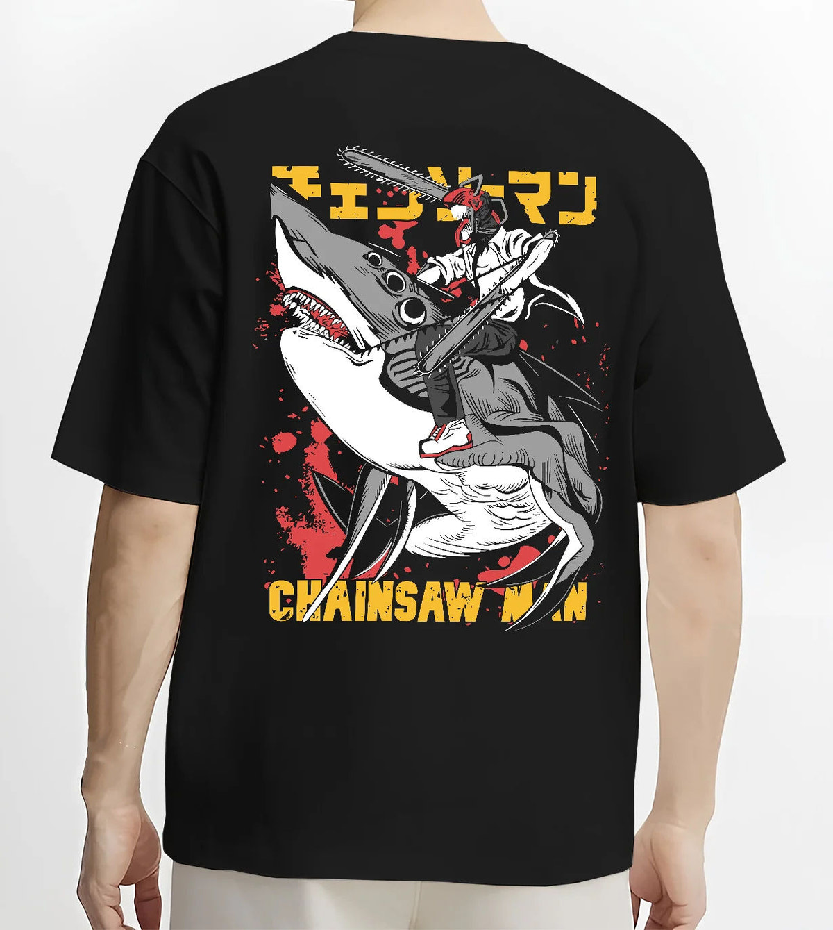 Black T-shirt model back view showing Chainsaw Devil / Denji from Chainsaw Man: graphic chainsaw-mouth attack