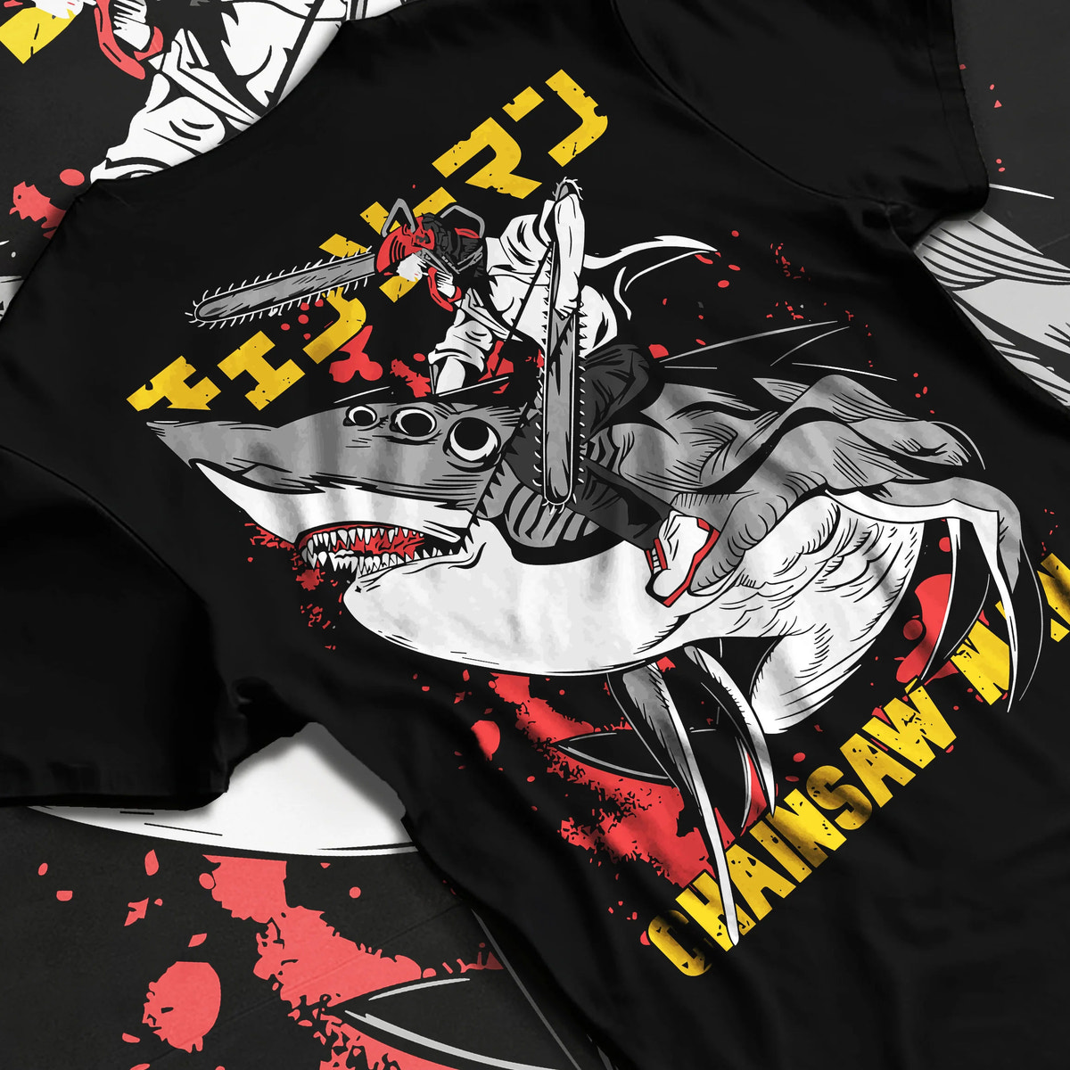 Black T-shirt flat back view showing Chainsaw Devil / Denji from Chainsaw Man: graphic chainsaw-mouth attack