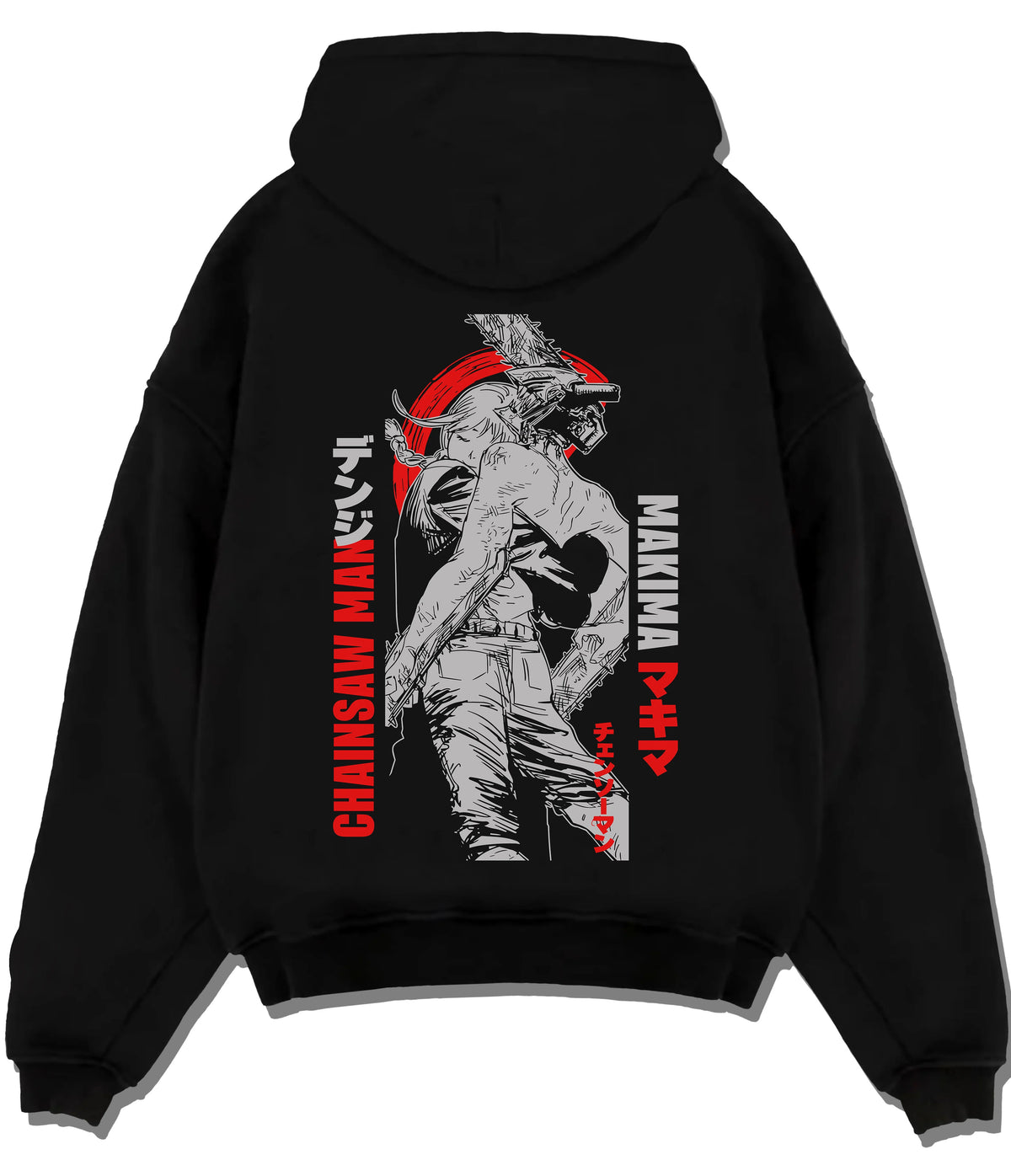 Black hoodie flat back view showing Chainsaw Devil / Denji from Chainsaw Man: monochrome Makima reference poster